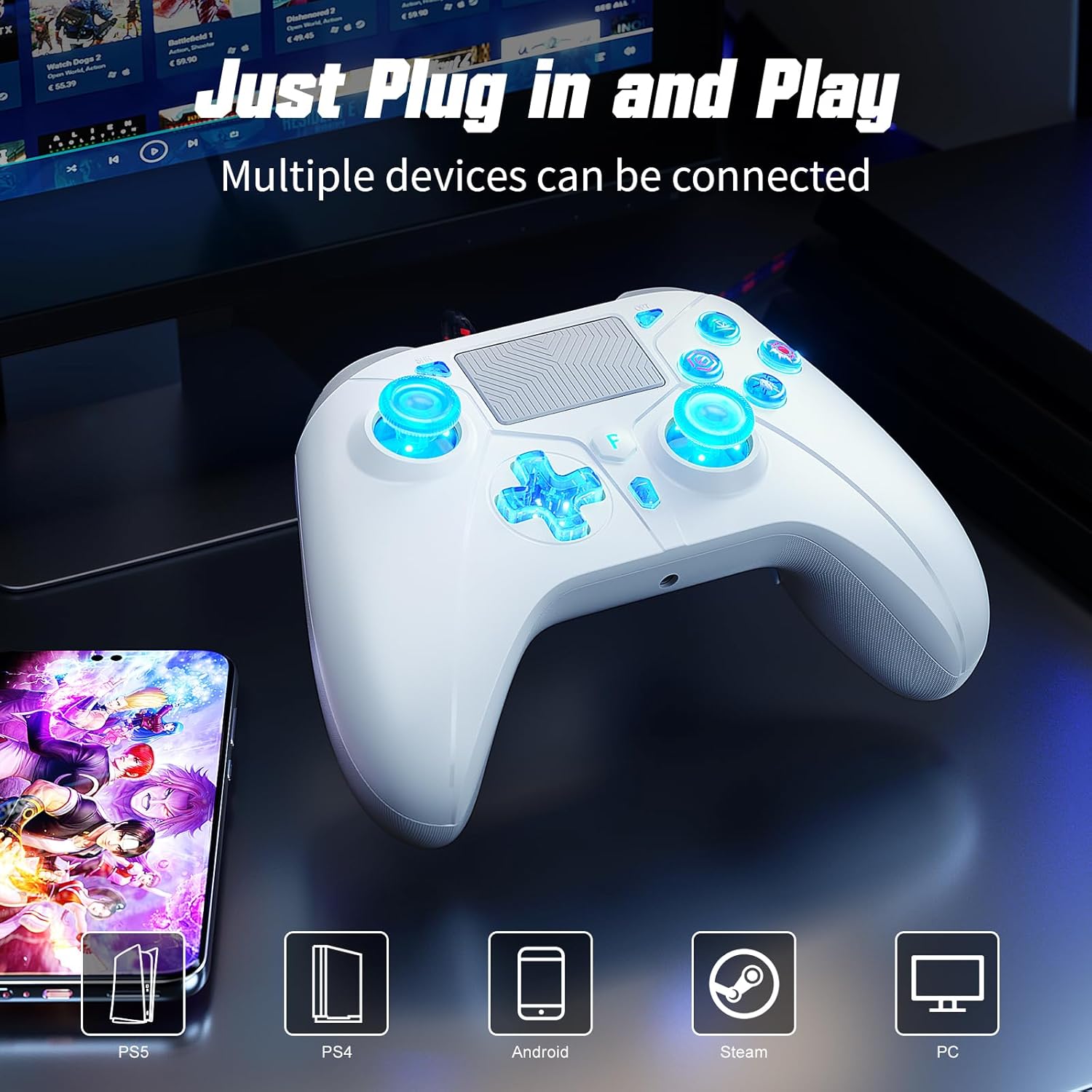 Detalle 2 de Gamrombo RGB Wired Controller für PS5/PS4/PC – kabelgebundener Gamepad mit Makro, Turbo, Touchpad und LED-Beleuchtung