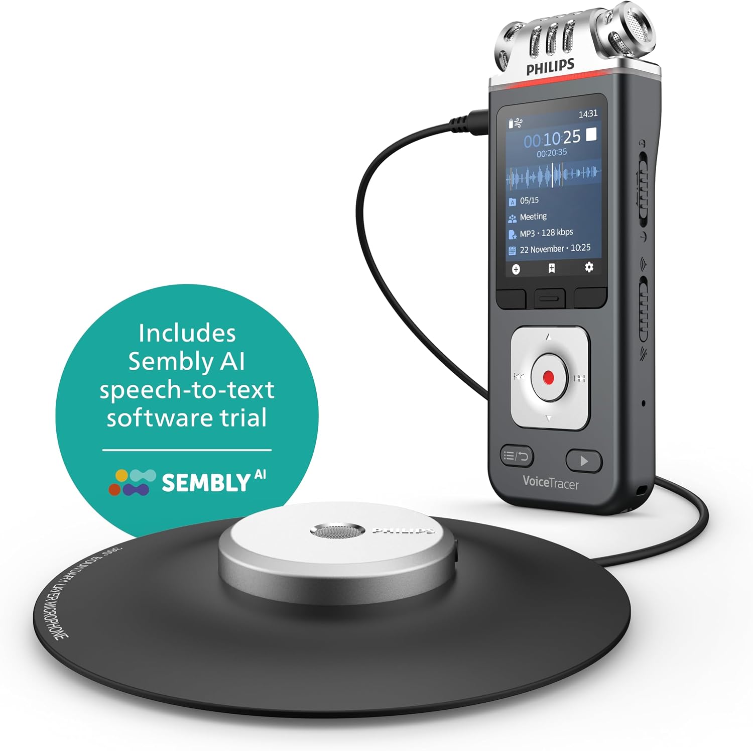 Detalle de Philips VoiceTracer DVT8115: registratore vocale per riunioni con microfono 360° e licenza AI Sembly