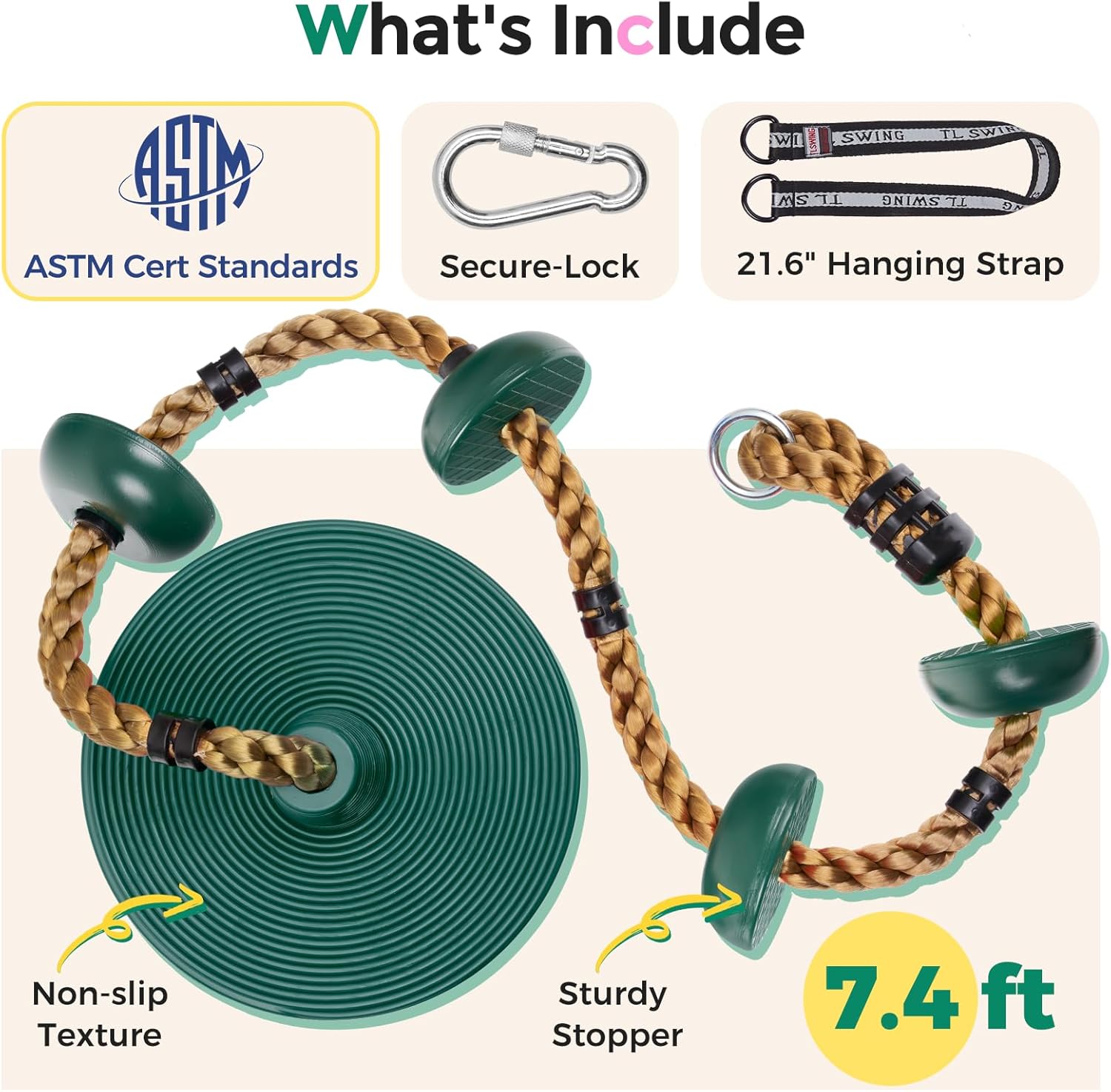 Detalle 2 de DECORLIFE Tree Swing for Kids with Adjustable Rope, Disc Seat & Locking Carabiners (Green)