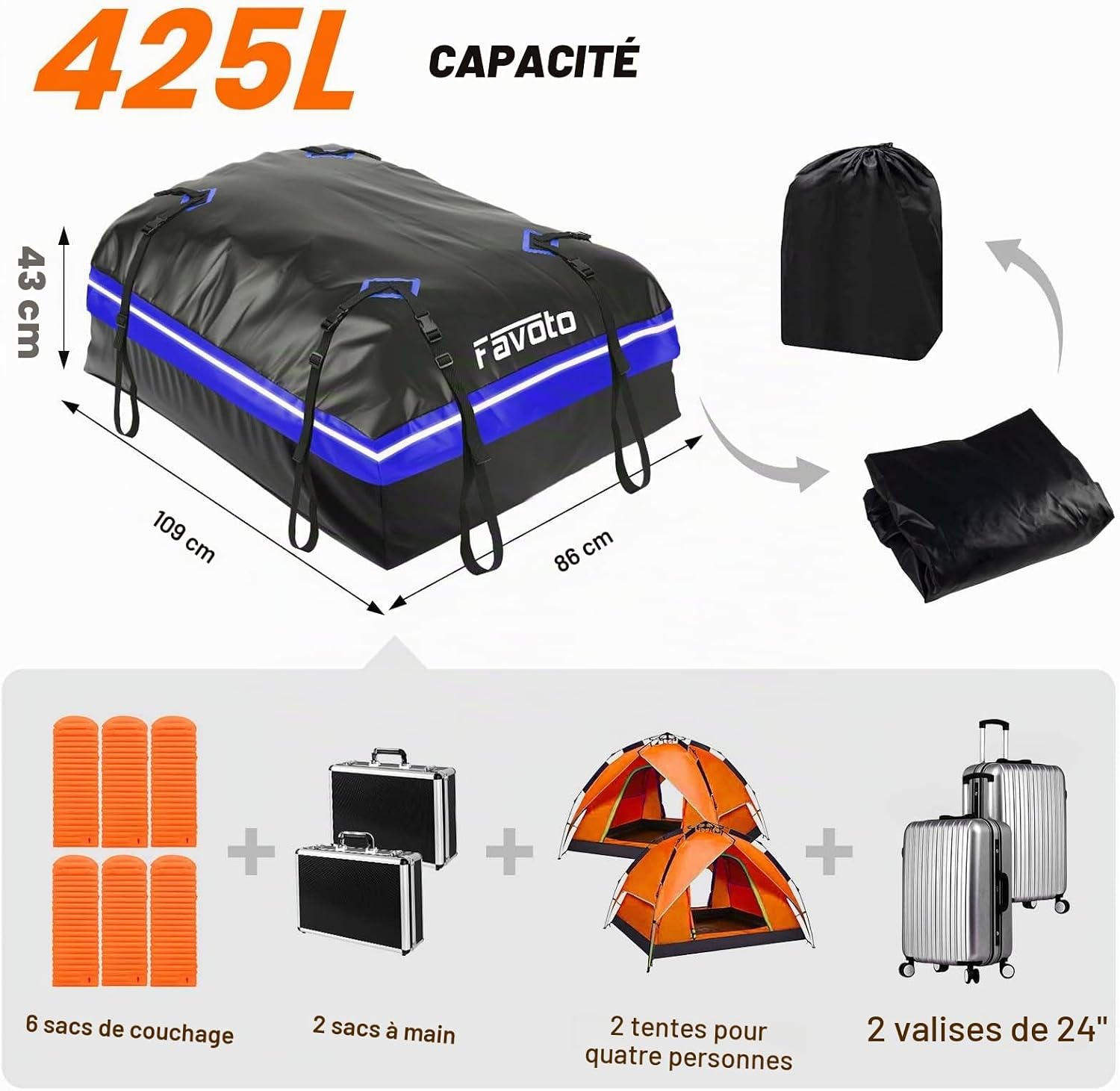 Detalle de Favoto Coffre de Toit Imperméable 425L – Sac de Toit pliable pour véhicule avec tapis antidérapant