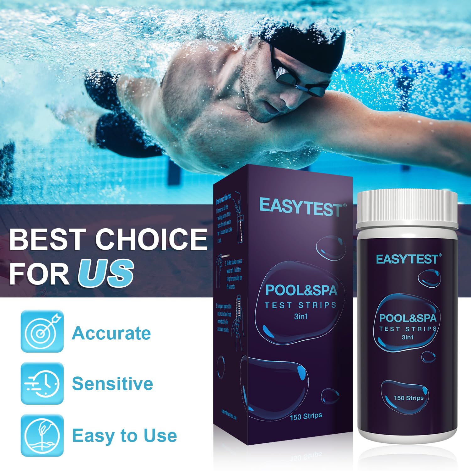 Detalle de EASYTEST 3-in-1 Pool-Teststreifen für Spa – pH, freies Chlor, Brom & Alkalinität (150 Stäbchen)