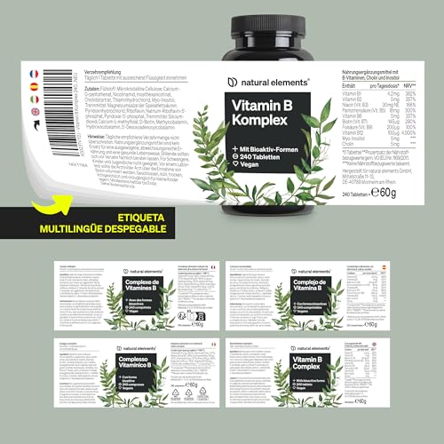 Thumbnail 5 de Natural Elements Vitamina B Complex + Cofactores (240 tabletas) con las 8 vitaminas B y apoyo con inositol y colina