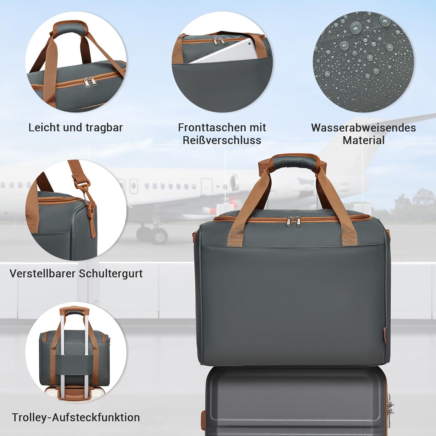 Thumbnail 3 de KONO 55cm Handgepäck-Koffer Trolley Set 2-teilig – Kleiner Koffer + Ryanair Reisetasche, Grau/Braun