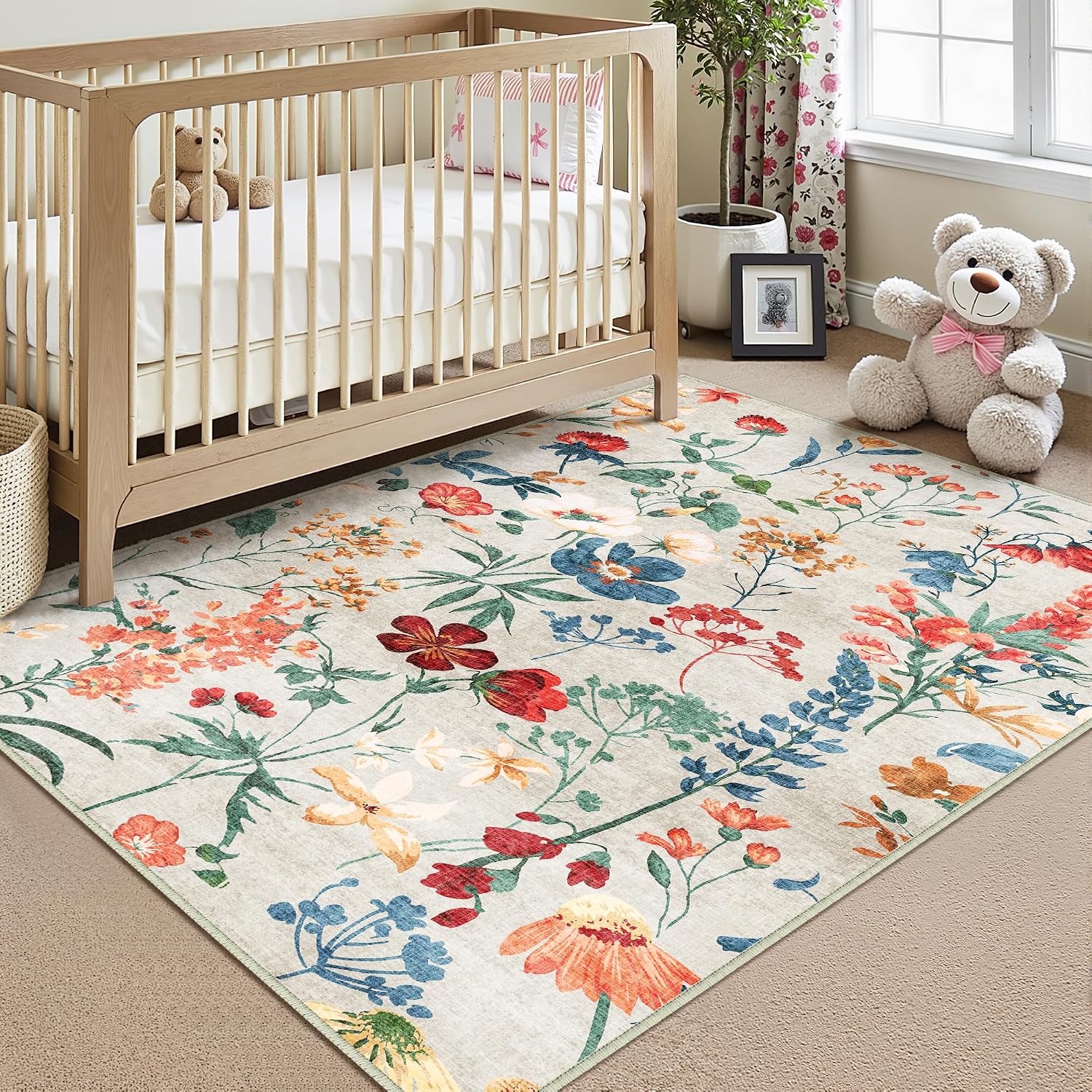 Thumbnail 3 de Beige waschbarer Teppich mit Blumenmuster 120x170 cm – kurzflor, rutschfest für Wohn- und Schlafzimmer