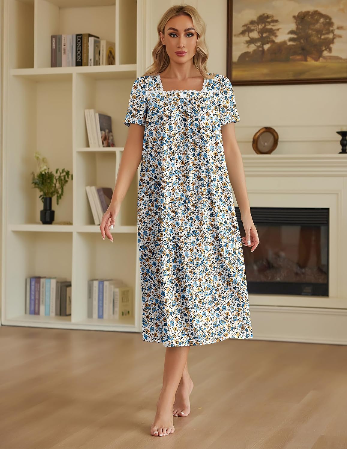Detalle de Ekouaer Cotton Long Nightgown for Women with Lace Collar and Pockets