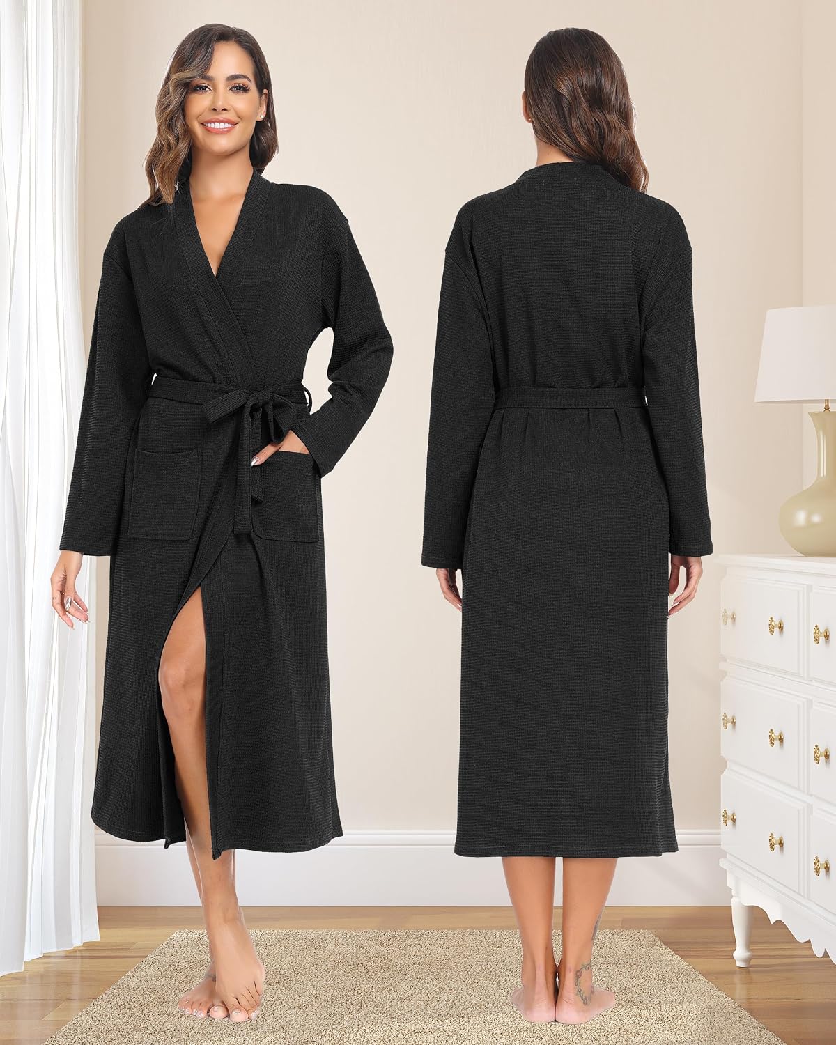 Thumbnail 1 de Sopesil Peignoir en coton pour femme (kimono de nuit) à col V et longues manches, avec poches
