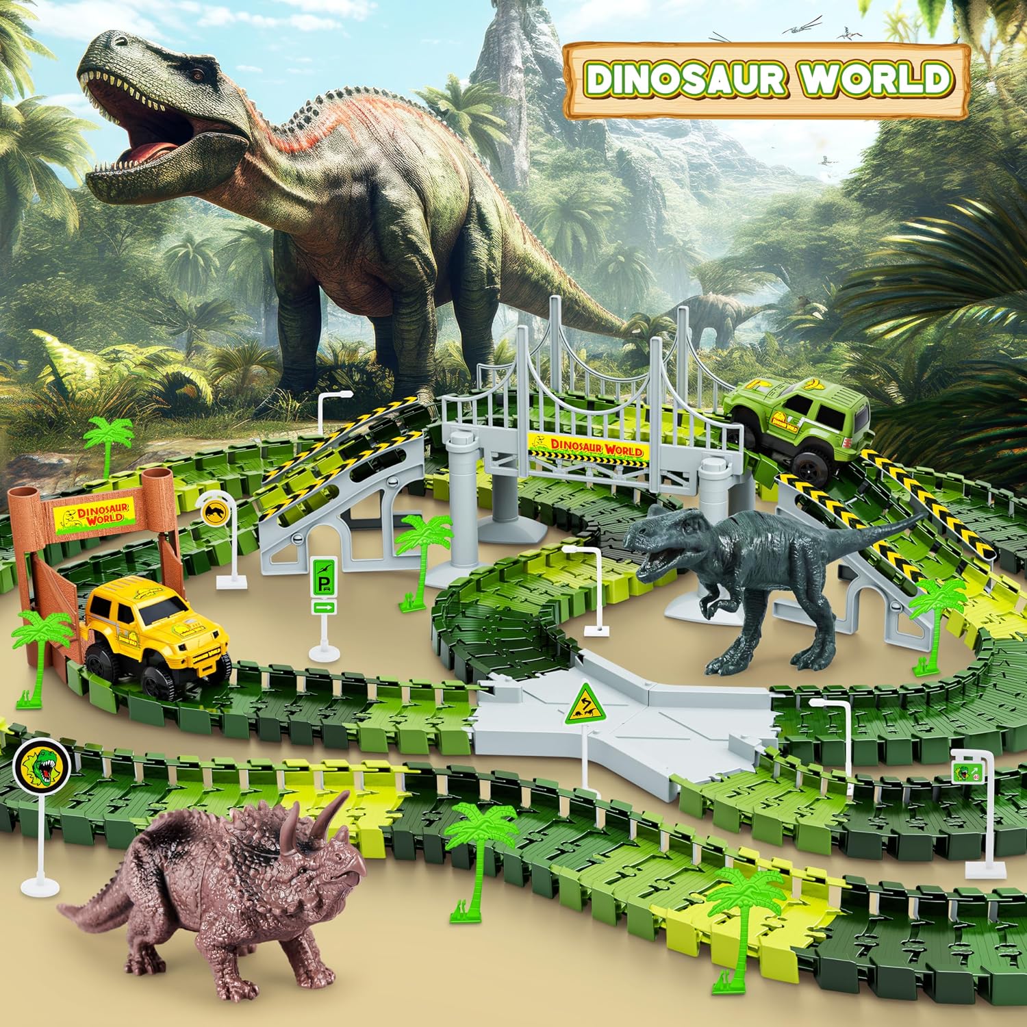 Thumbnail 5 de Dinosaur Tracks 271-Piece Flexible Dinosaur World Road Race Train Track Set (Race Cars + Dinosaur Figures) for Ages 3+