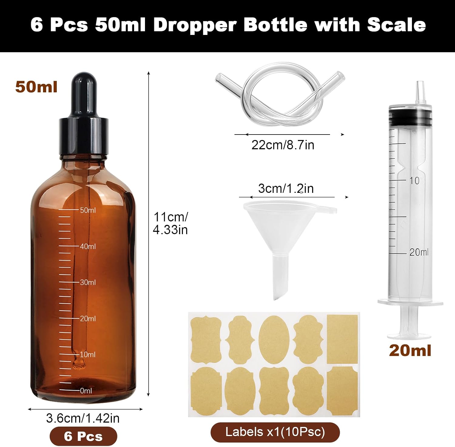 Detalle de Nadisean 6Pcs Amber Glass Dropper Bottles 50ml – Precise,UV‑protected Refillable Set