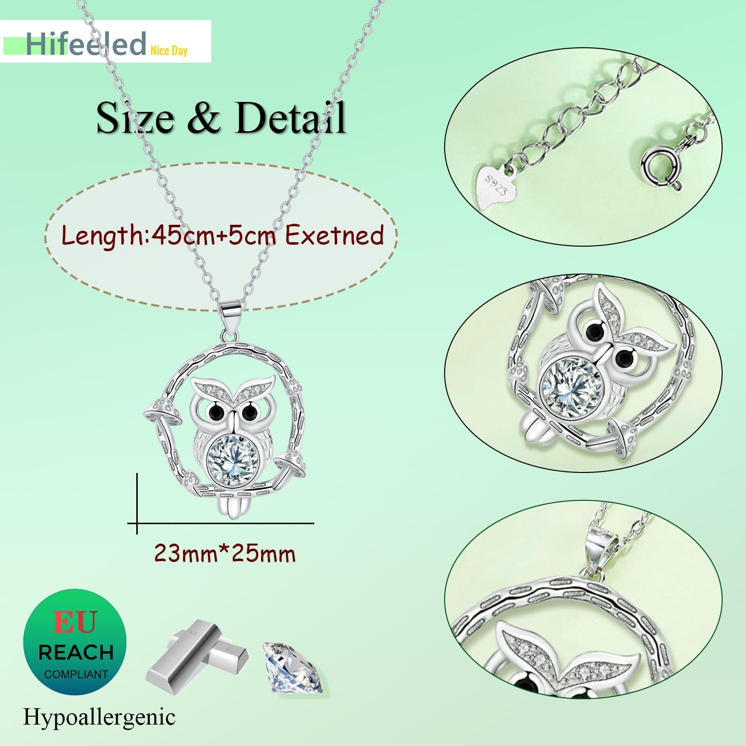 Detalle de Hifeeled Halskette Damen aus 925er Sterling Silber – Eulenanhänger mit Zirkonia, verstellbare Kette