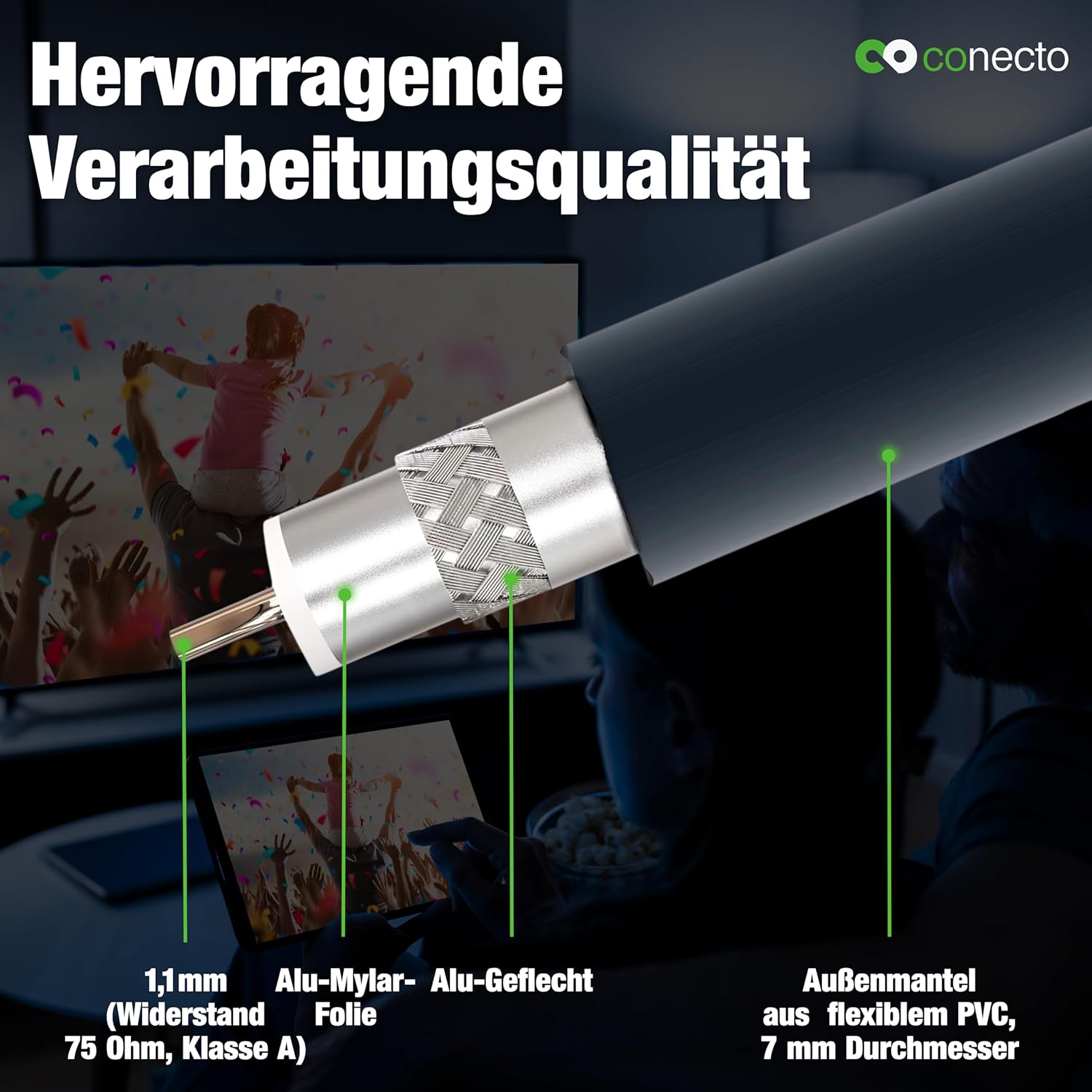 Thumbnail 5 de conecto Antennenkabel SAT Koaxialkabel (doppelt geschirmt) – IEC-Stecker auf IEC-Buchse, schwarz, 2,00 m