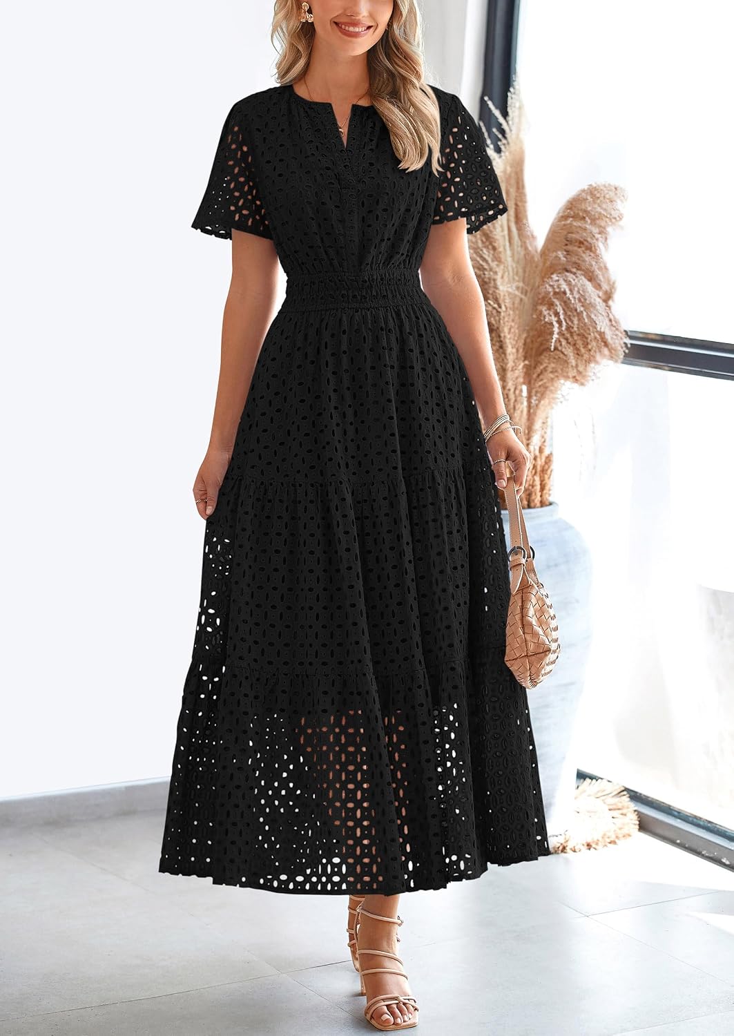 Detalle de PRETTYGARDEN Womens 2026 Summer Maxi Dress: Eyelet V-Neck A-Line with Short Sleeves