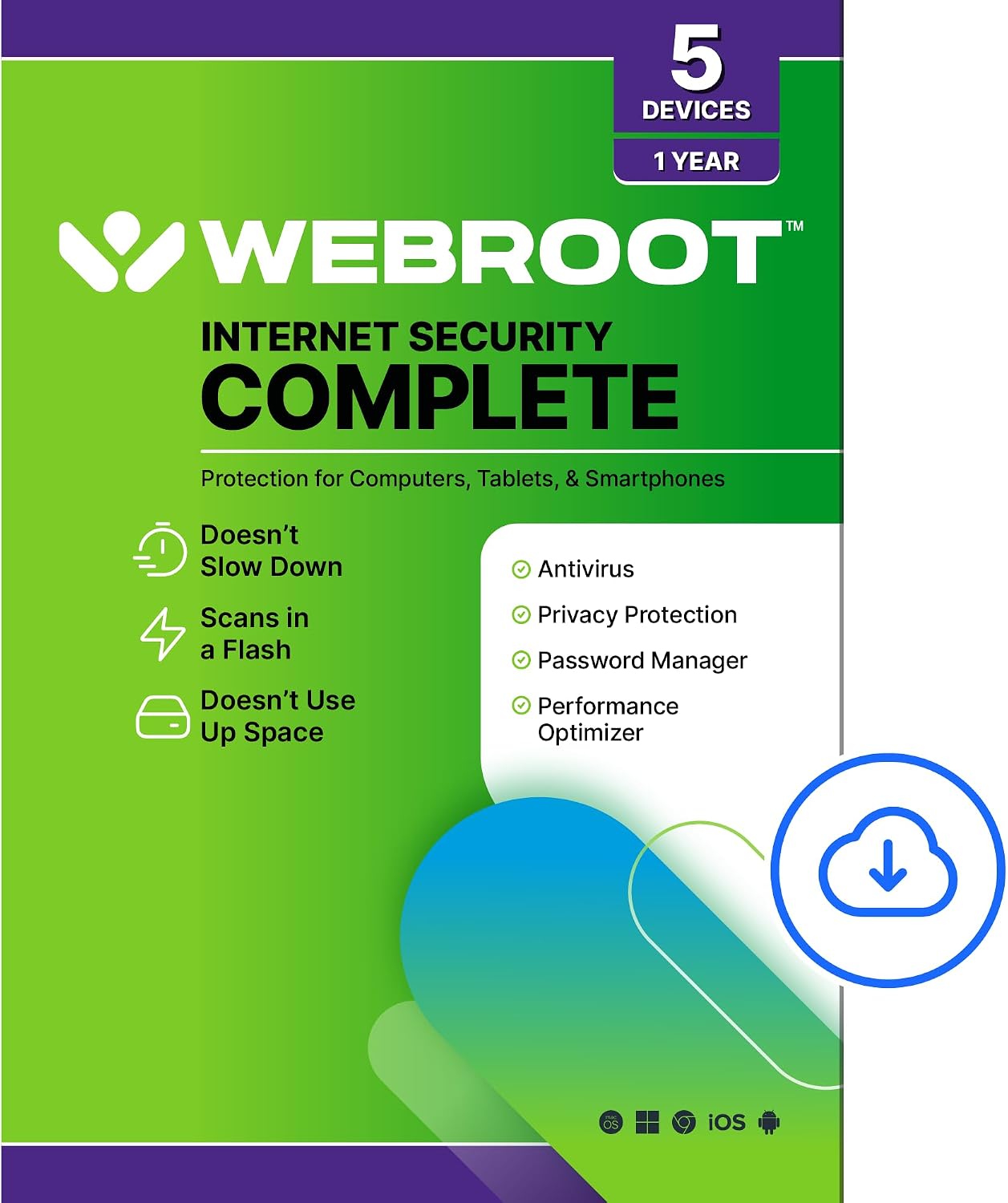 Detalle de Webroot Internet Security Complete (5 Devices, 1 Year) — Lightweight, Cloud-Driven Antivirus with Password Manager