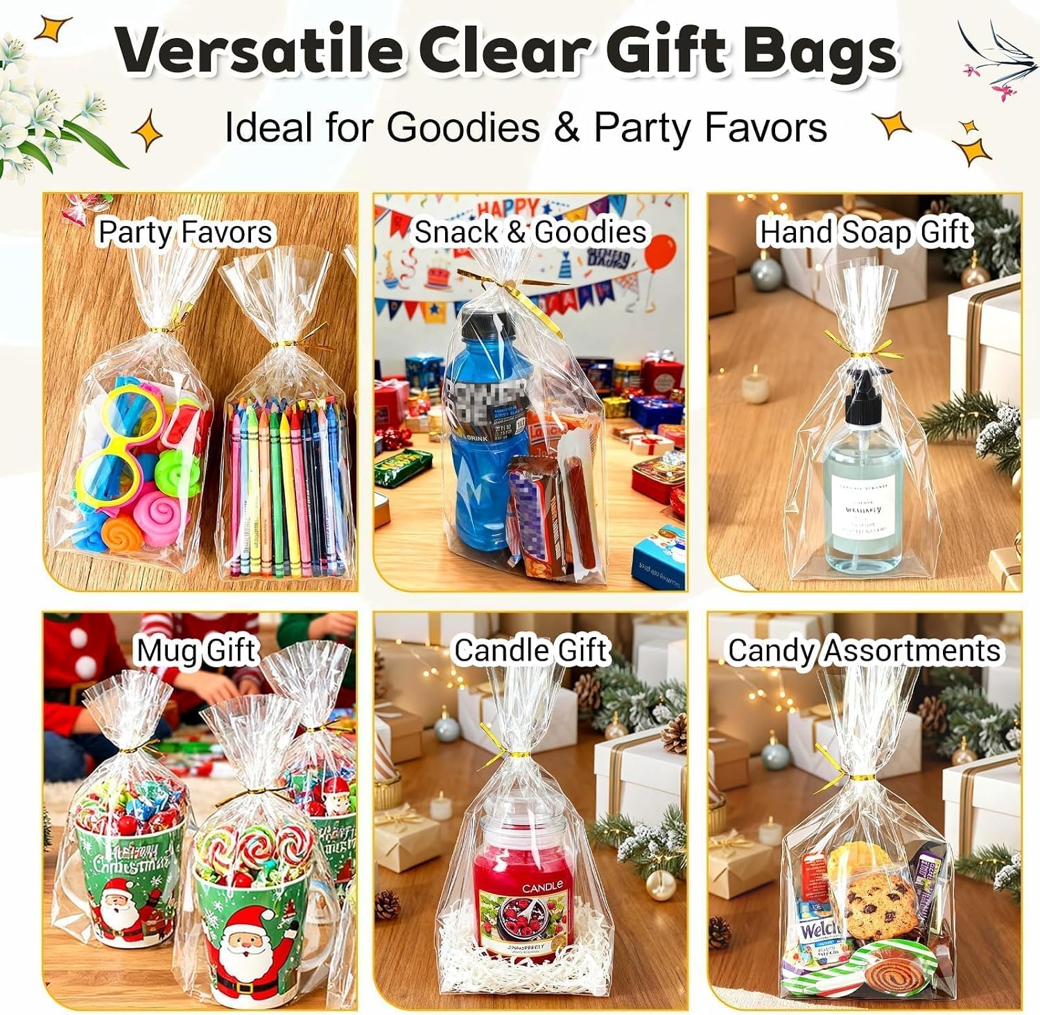 Detalle de PigPotParty 8 x 11-Inch Clear Cellophane Gift Bags, Gusseted, 50-Pack