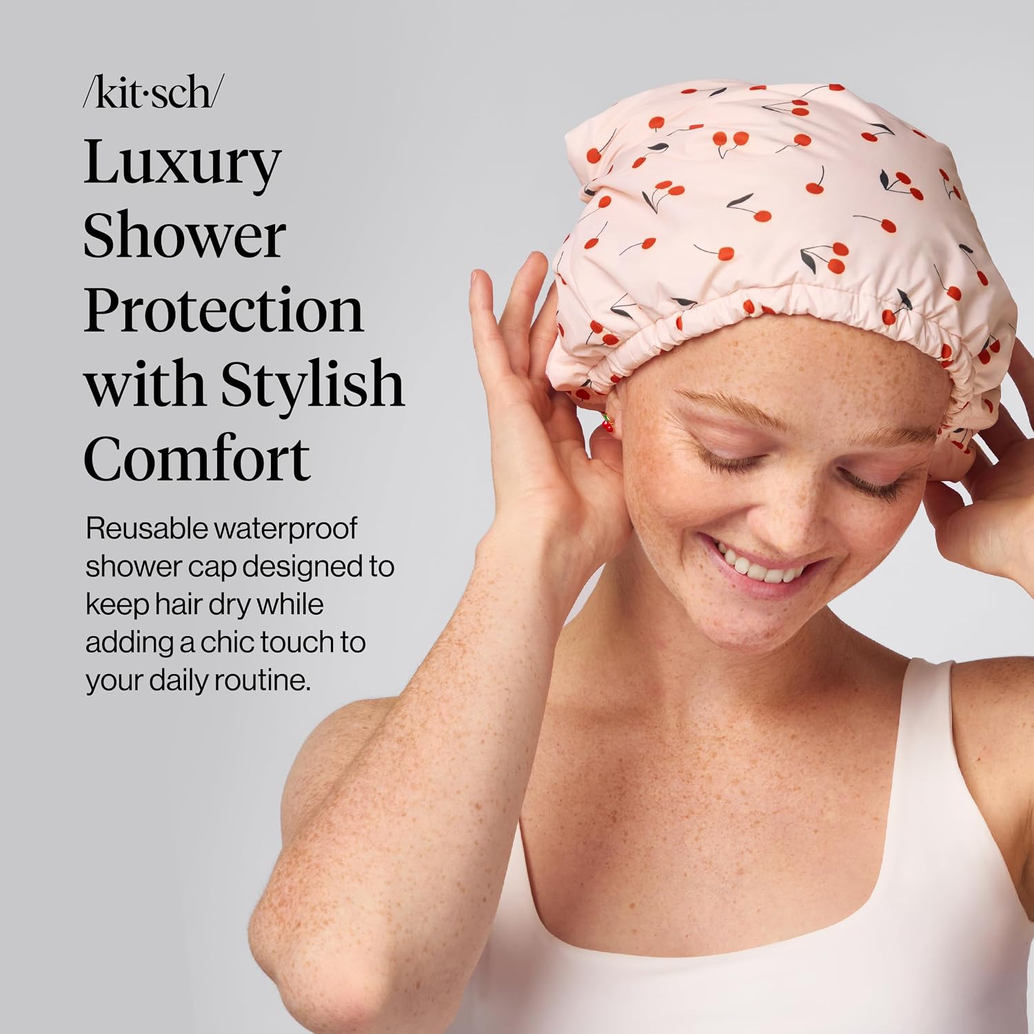 Detalle 2 de Kitsch Luxury Shower Cap for Women – Reusable Waterproof, Large, Cherry Print