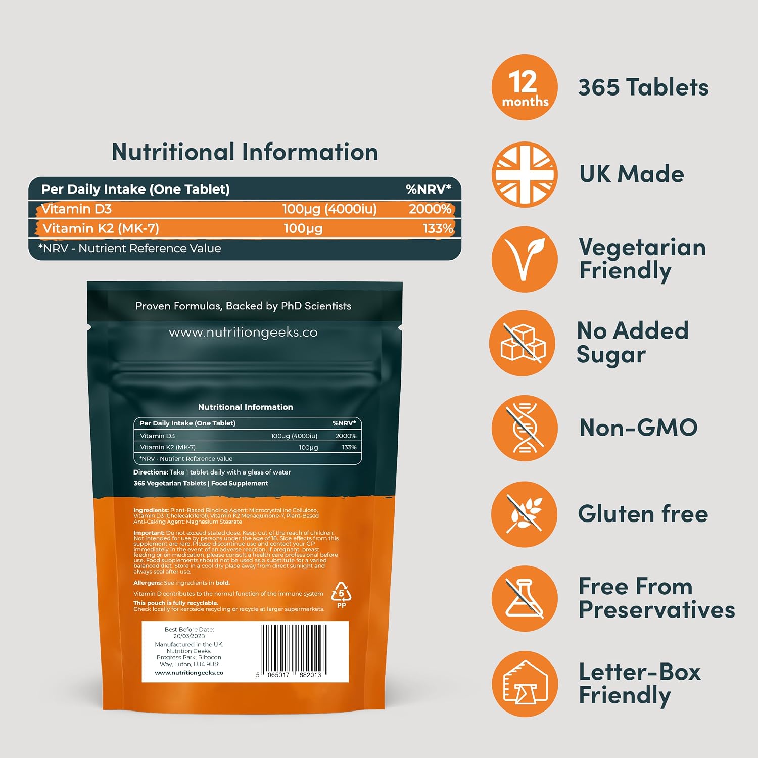 Detalle de Nutrition Geeks Vitamin D3 4000 iu + Vitamin K2 MK7 100μg Tablets — 365‑Day Supply