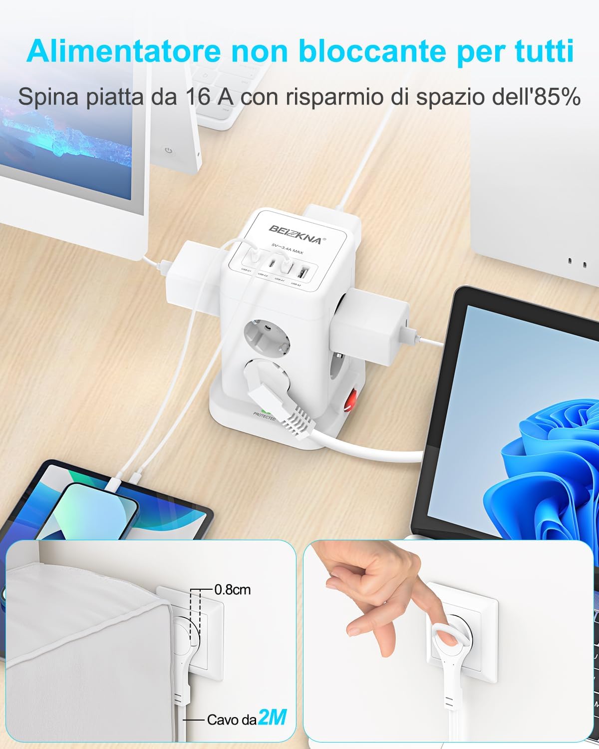 Thumbnail 2 de Ciabatta multipresa a spina piatta con 8 prese e 4 USB (2 USB-C + 2 USB-A) con protezione da sovratensioni e cavo da 2 metri