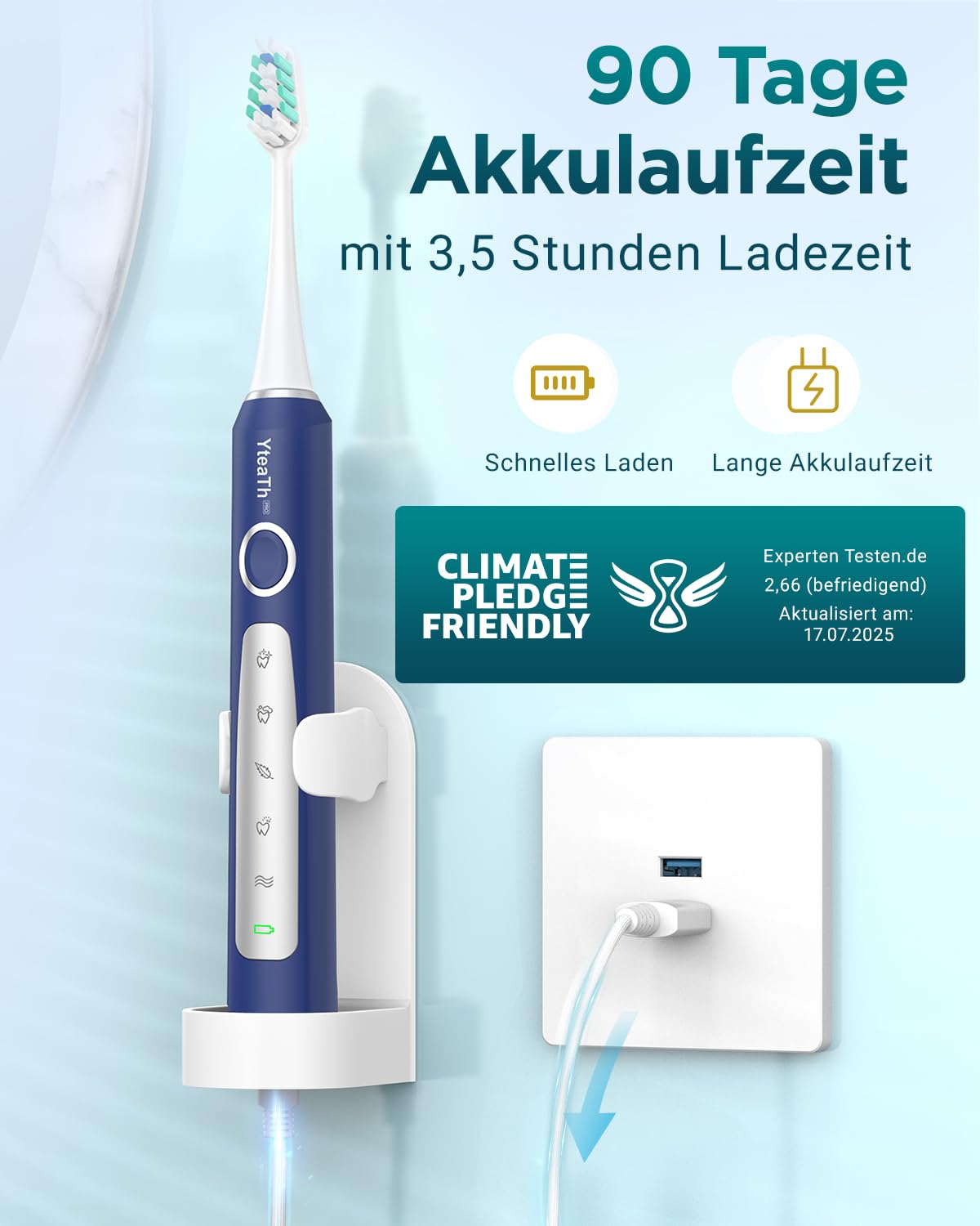 Detalle de Elektrische Schallzahnbürste von YTEATH PRO – 8 Bürstenköpfe, 5 Modi, 90 Tage Akku, Reiseetui