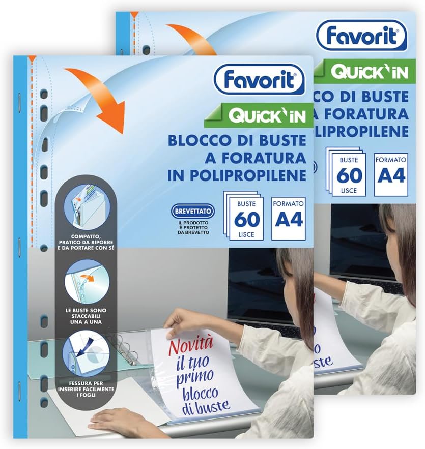 Favorit Quick'in: confezione da 2 blocchi di buste perforate universali in polipropilene trasparente per A4