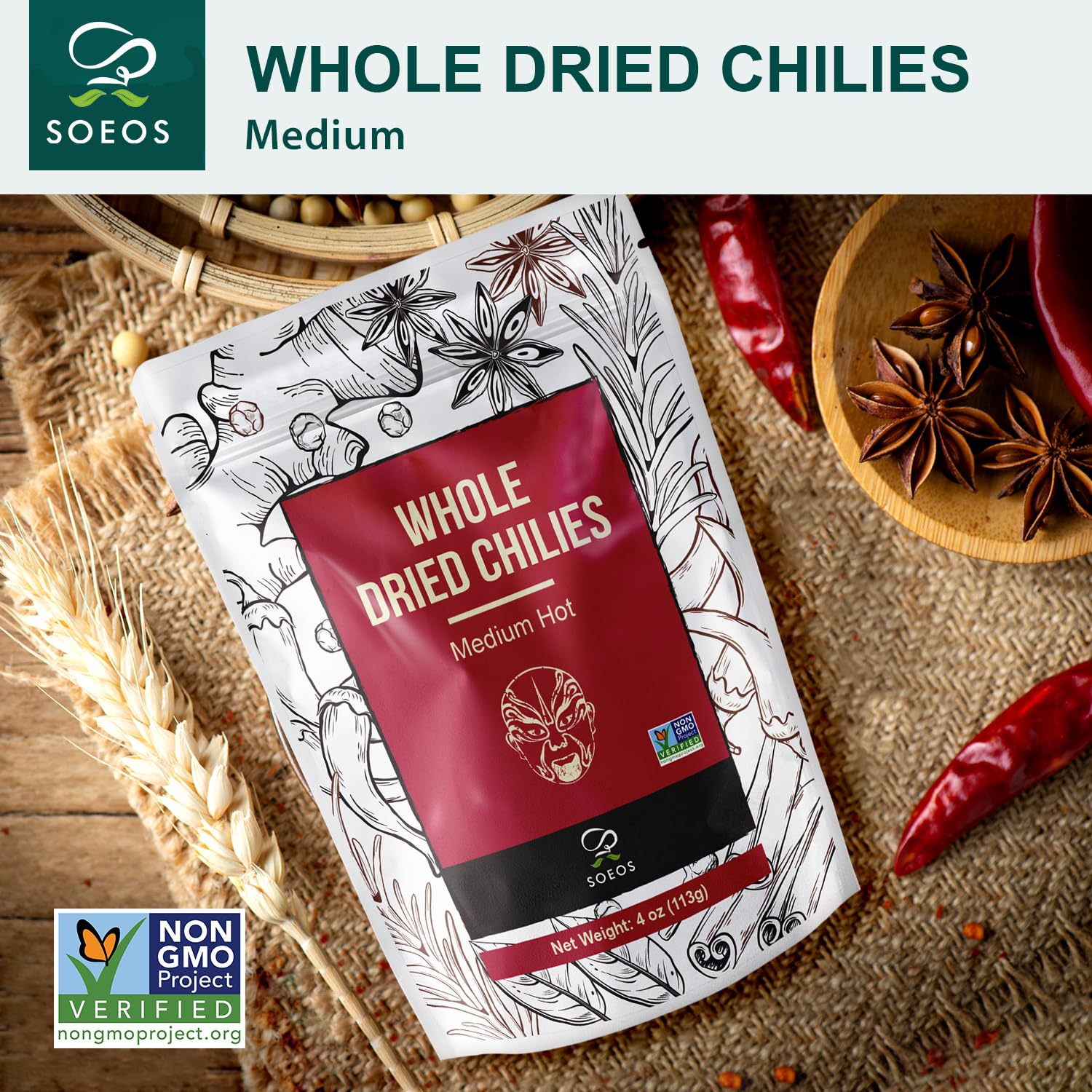 Thumbnail 2 de Soeos Whole Dried Chili Peppers, 4 oz (113g), Medium-Spicy Red Chilies