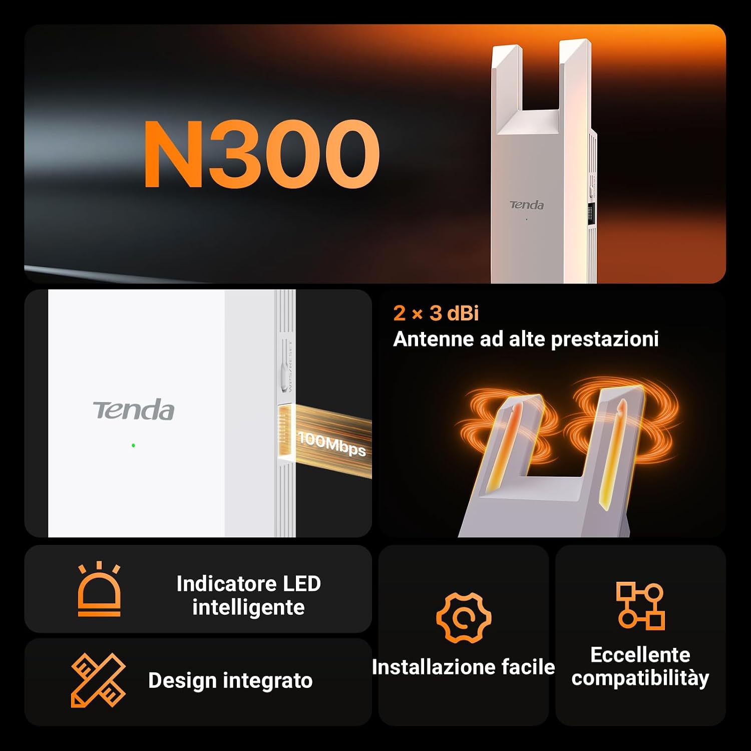 Detalle de Tenda Ripetitore WiFi Extender e Access Point 300 Mbps – Bianco (A9)