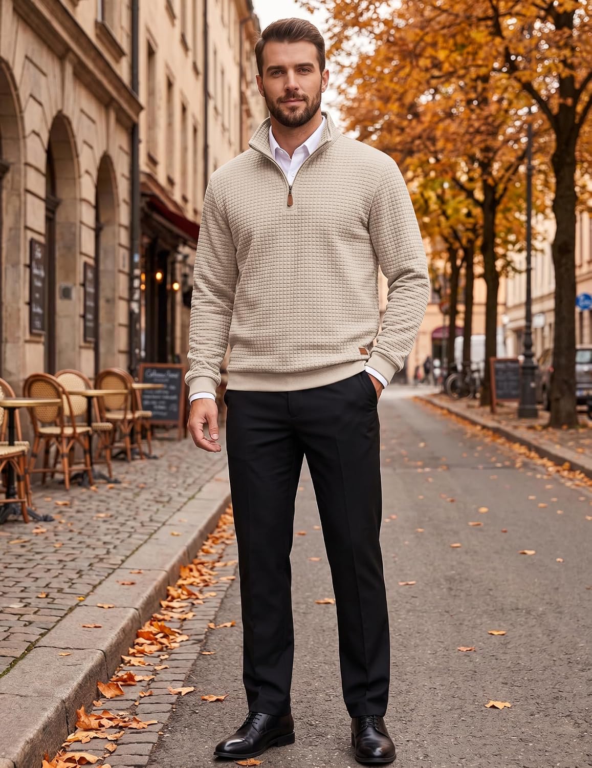 Detalle de COOFANDY Men's Quarter-Zip Pullover, Quilted Fabric