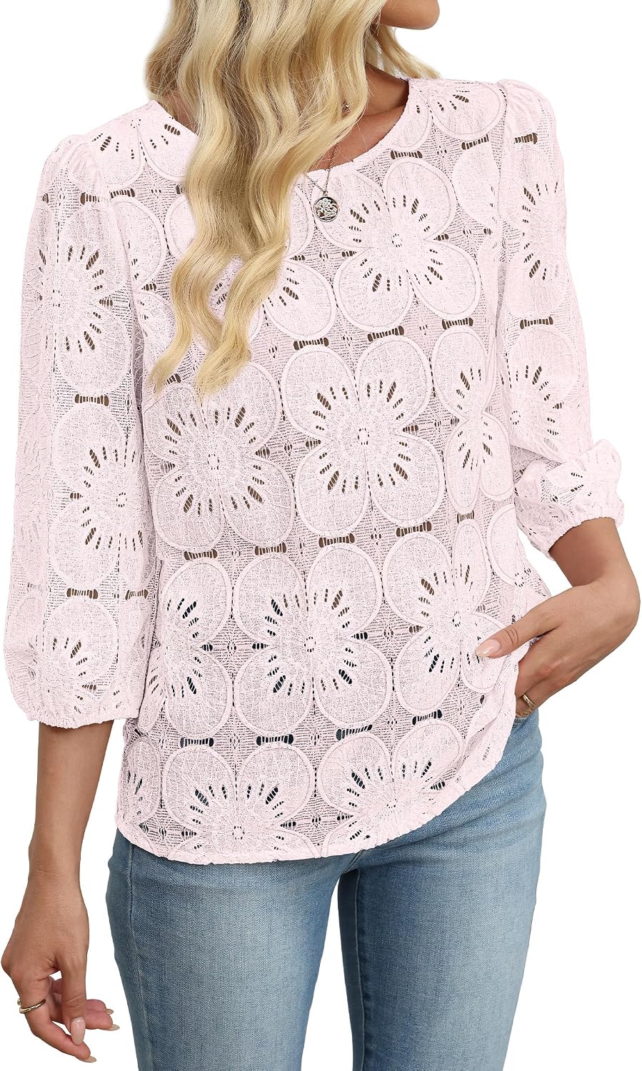 Detalle de Sampeel Women’s Lace Eyelet 3/4 Sleeve Blouse (Dressy-Casual Puff Sleeve Top)