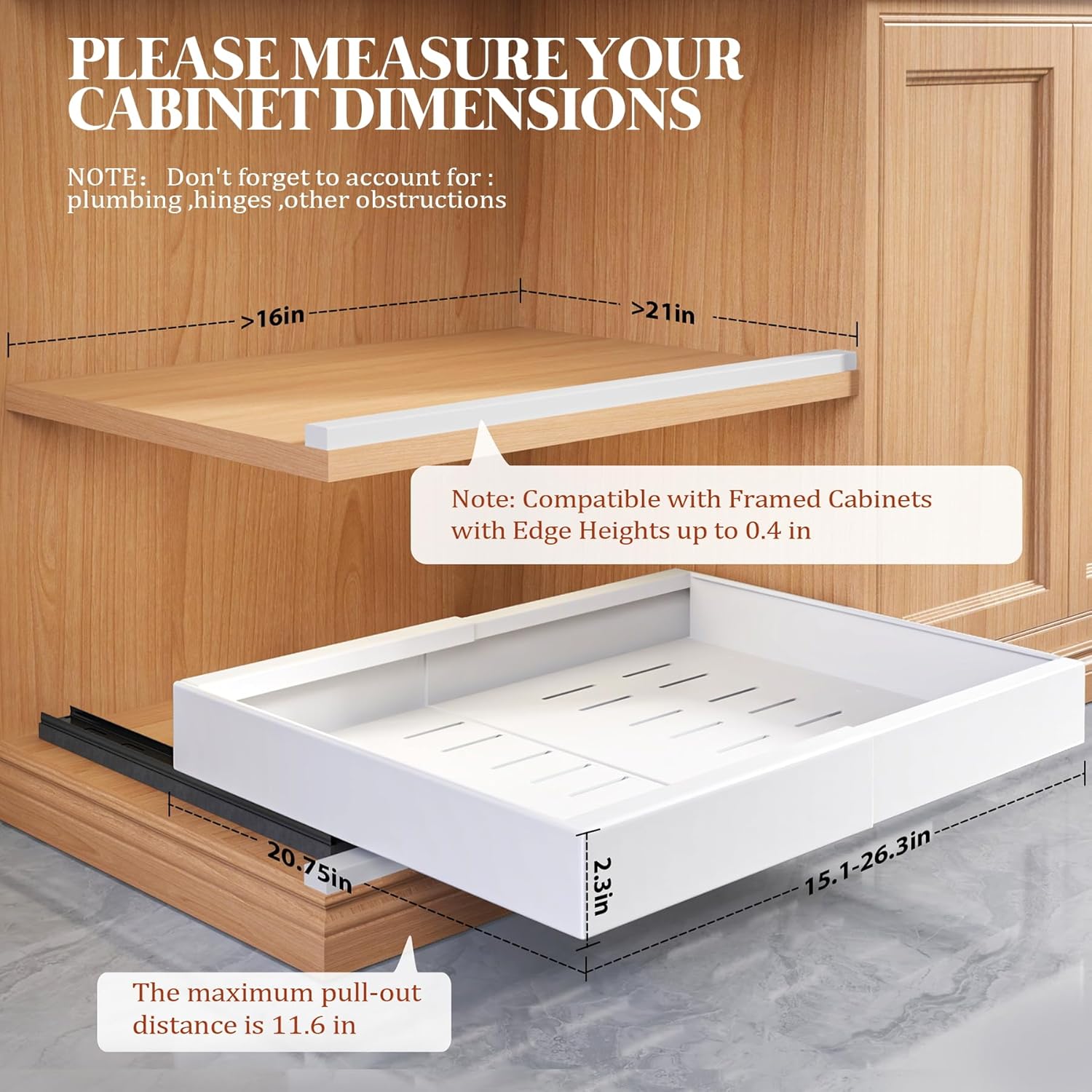 Thumbnail 1 de Seinloes 4 Pack Expandable Pull Out Cabinet Organizer — 21" Deep with Raising Pads, 3-Rail Quiet Slide, No-Drill Install, 15.1"–26.3" Width, White