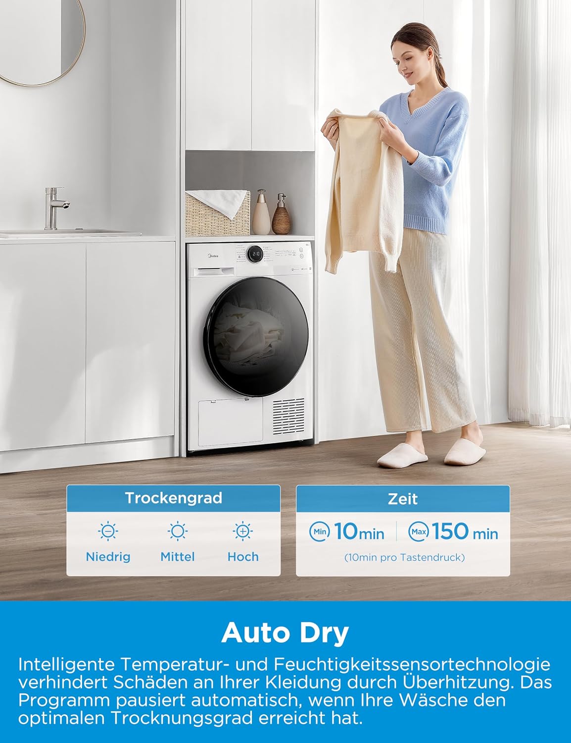 Detalle de Midea Wärmepumpentrockner 8 kg MD20EH80WB-A3 – Energieklasse C, Fernsteuerung
