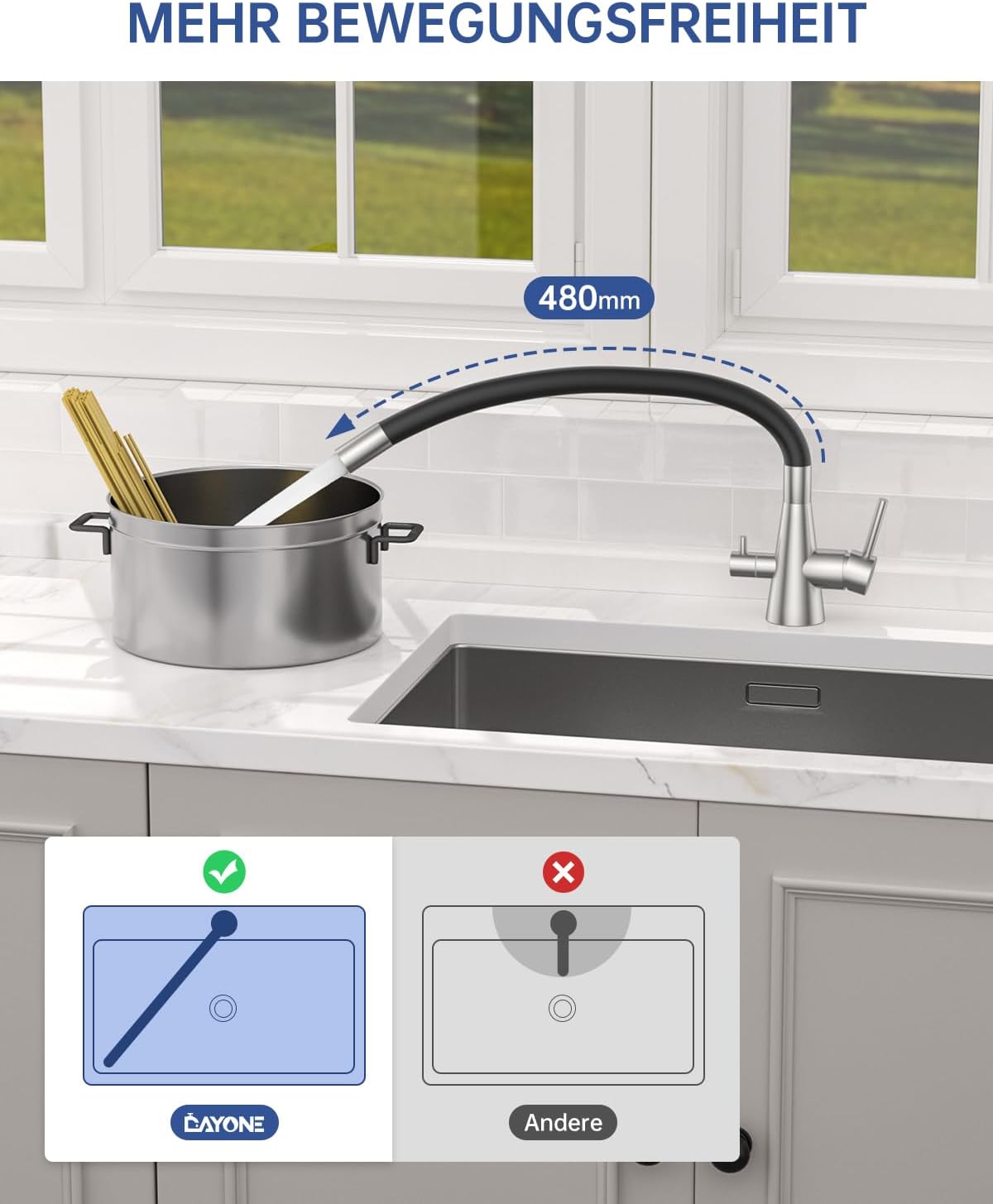 Detalle 2 de DAYONE 3‑Wege Wasserhahn Schwarz 360° drehbar 🚰