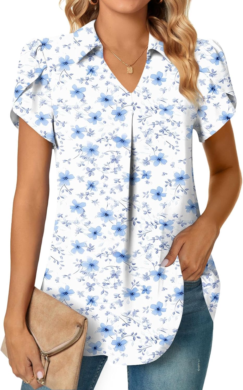 Thumbnail 6 de Aodemo Women Summer Dressy Chiffon Collared V-Neck Pleated Short Sleeve Blouse