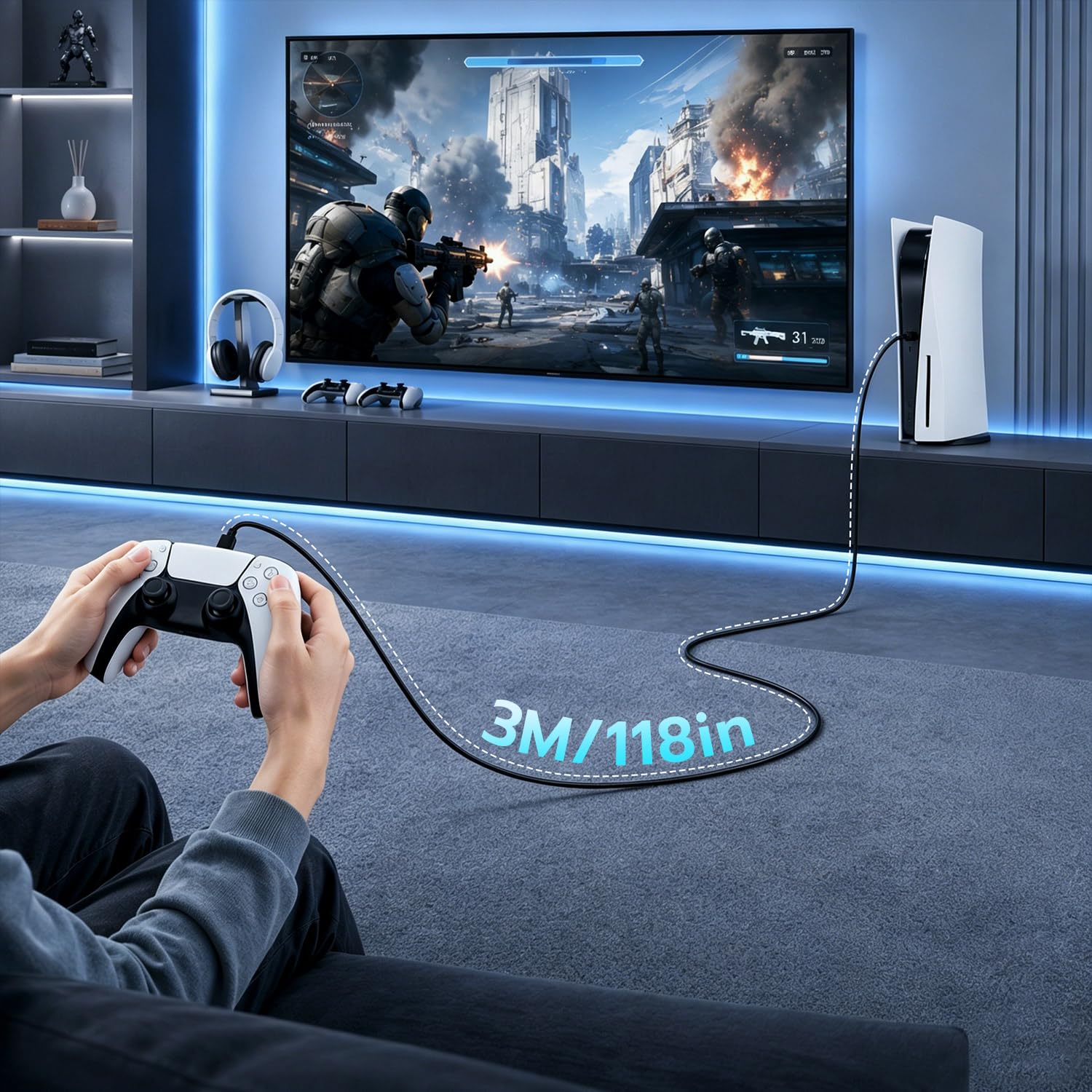 Detalle 2 de Tolesum Câble USB-C 3m (USB-A vers USB-C) pour manettes PS5, Xbox Series X/S et Switch Pro