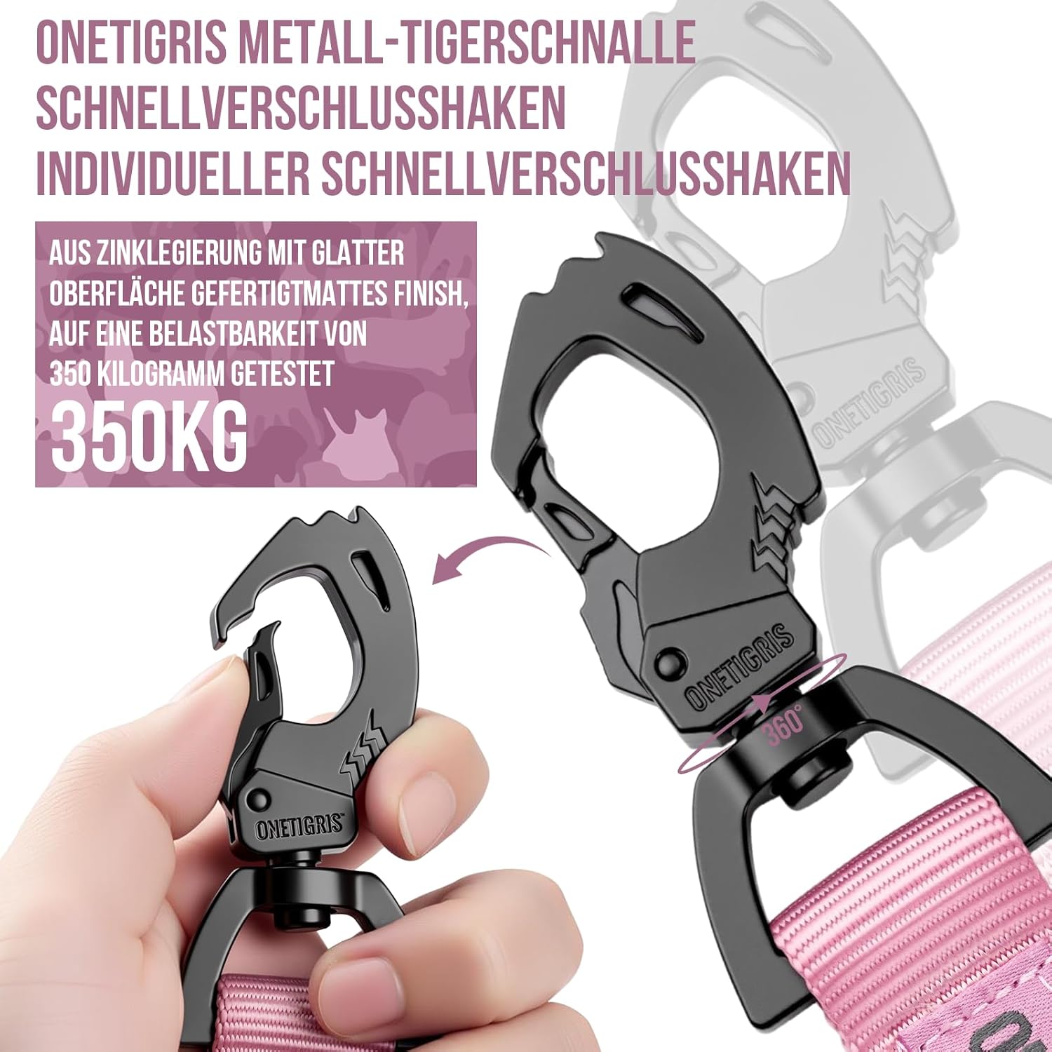 Detalle de OneTigris Laisse pour chien à ressort 86–120 cm, nylon résistant avec clip en forme de dent de tigre – rose