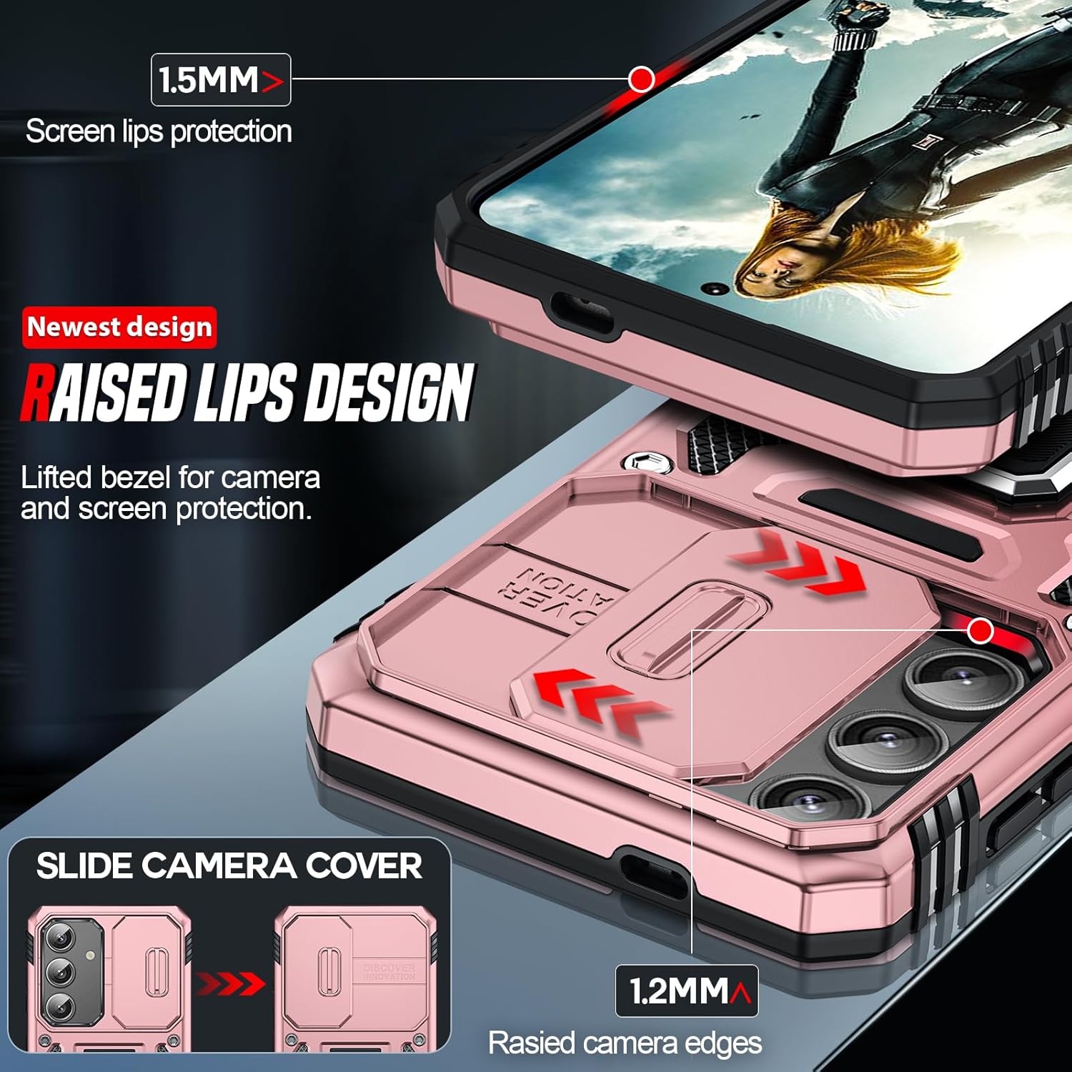 Thumbnail 3 de LeYi Samsung Galaxy S25 Case with Camera Lens Cover Slider, Ring Stand – Military-Grade, Rose Gold