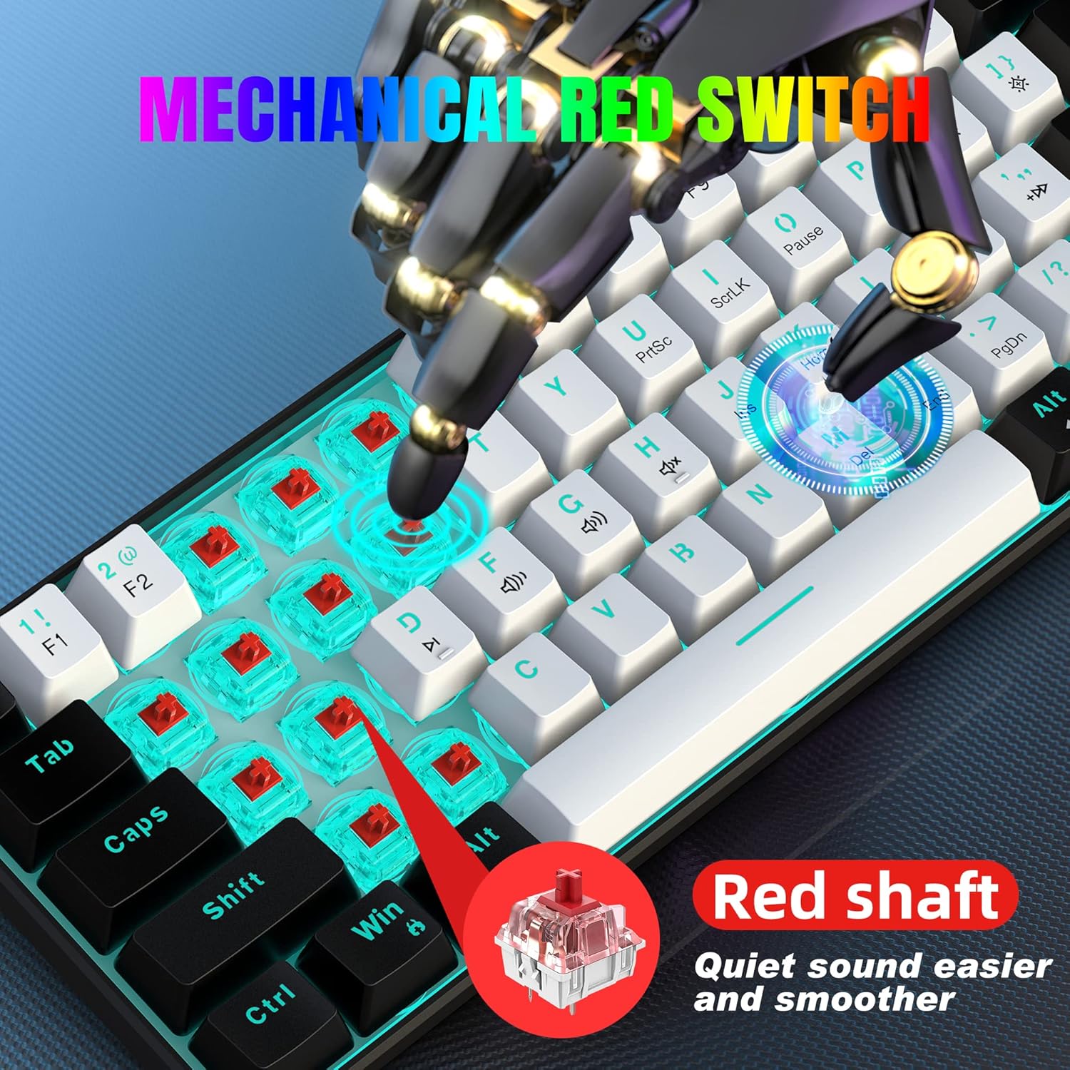 Thumbnail 1 de Snpurdiri 60% wired mechanical gaming keyboard with red switches and ice blue LED backlight (61 keys, detachable USB-C)