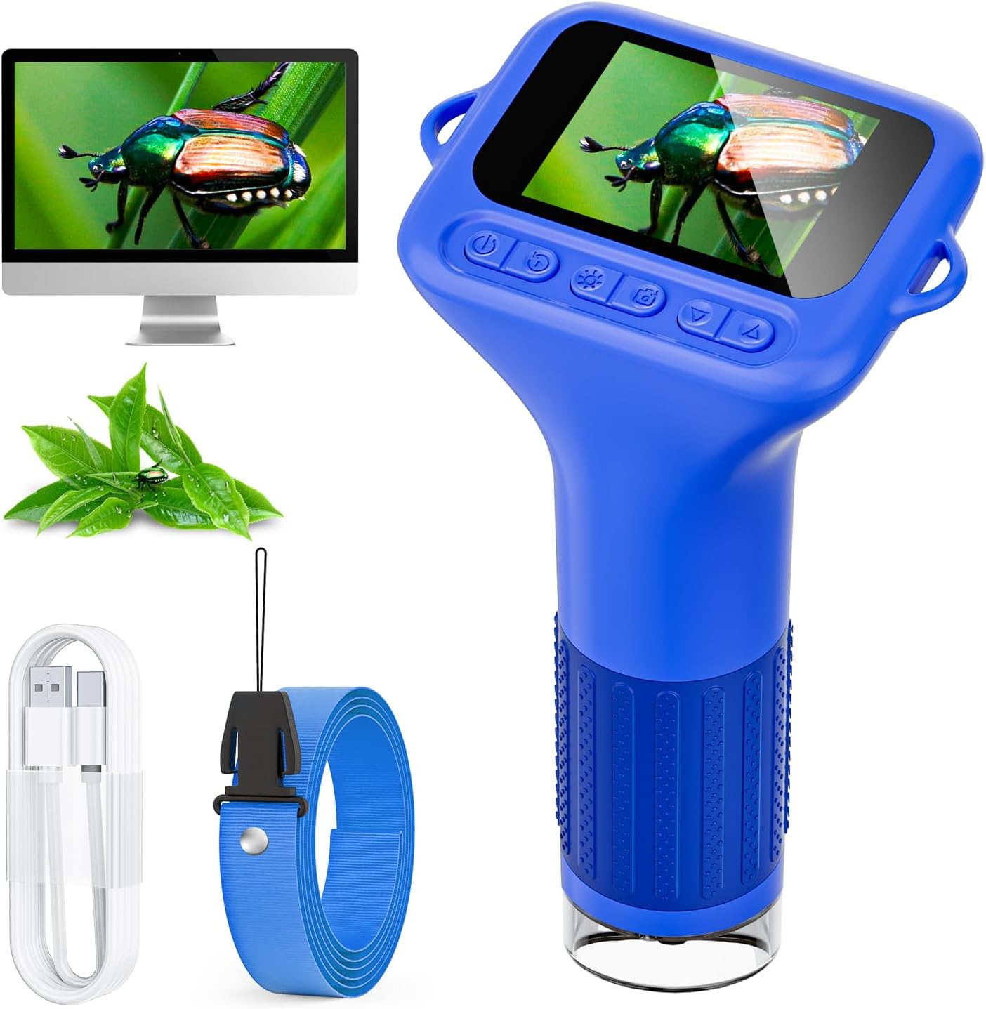 Detalle de SKYBASIC 1000x Digital Microscope for Kids — 2.0-Inch HD Screen, Portable, 117g, USB Connection (Blue)