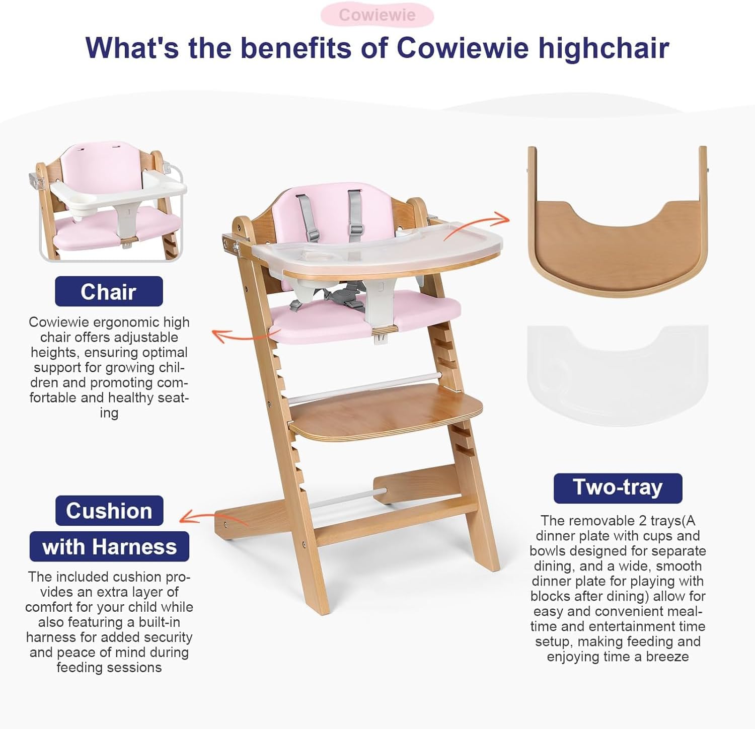 Thumbnail 5 de Cowiewie 3-in-1 Convertible Natural Wooden High Chair (Pink) – Safe, Grow-With-Me Feeding Solution