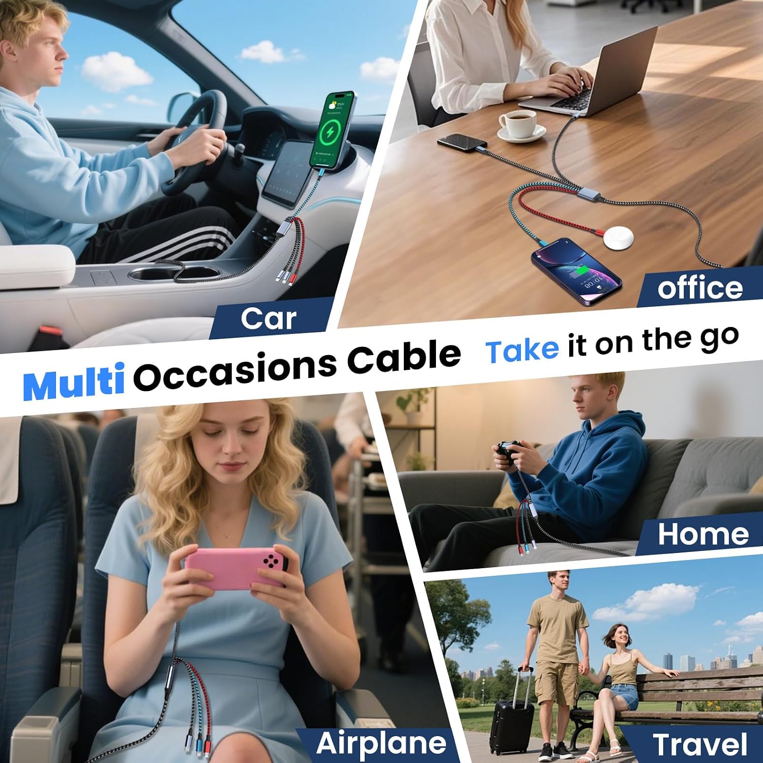 Detalle de Dual USB-C 4IN2 Multi Charging Cable: 5FT USB-C & USB-A Charging Cord for Multiple Devices