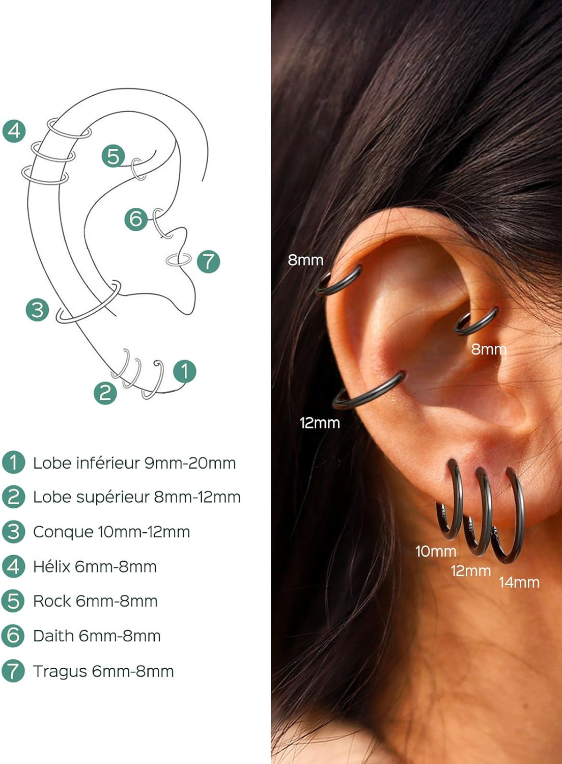 Thumbnail 1 de ChicSilver Petite Créoles Argent 925 Massif – Boucles d’Oreilles Mini Hoop 8–20 mm (Argent / Or / Noir / Or Rose)