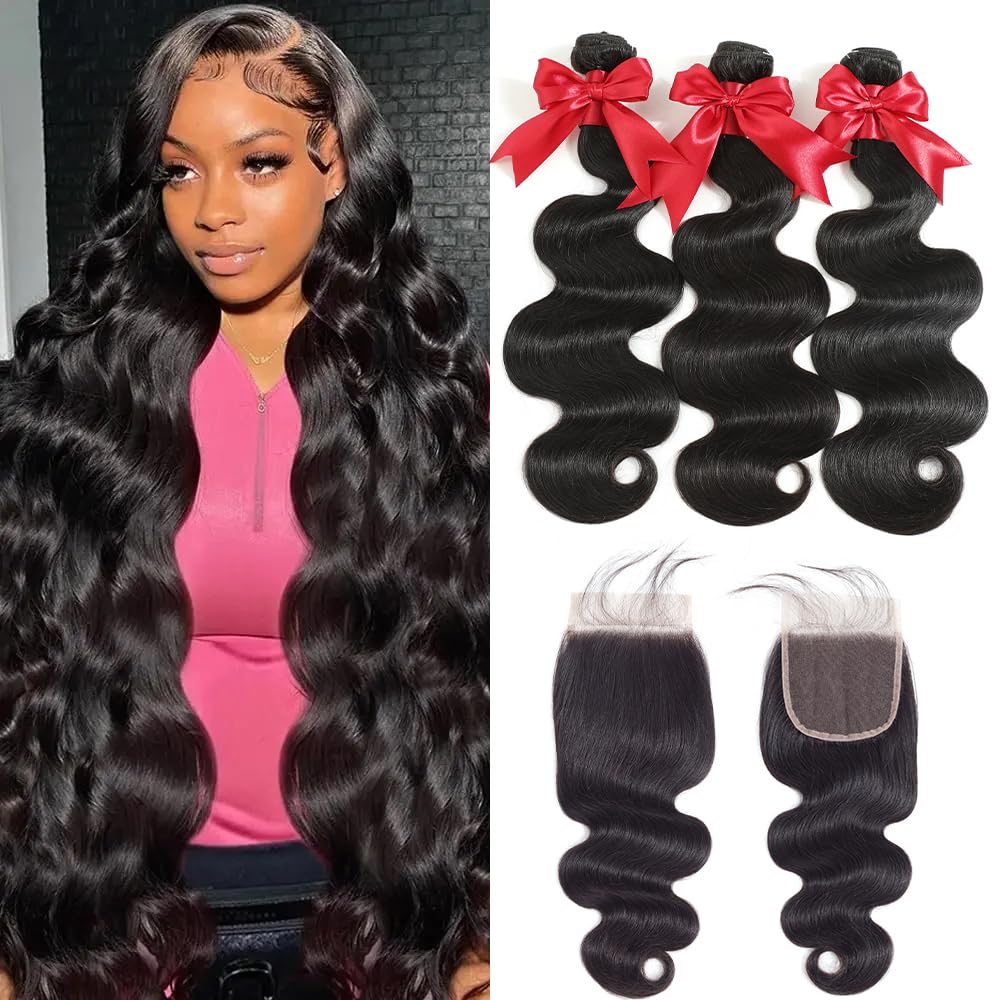 Detalle de 12A Brazilian Body Wave Hair Bundles with 4x4 HD Lace Closure — 16, 18, 20 Inches (3 Bundles)