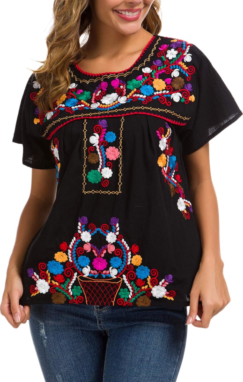 Thumbnail 6 de YZXDORWJ Women's Embroidered Mexican Peasant Blouse: Lightweight Cotton Boho Top for Summer
