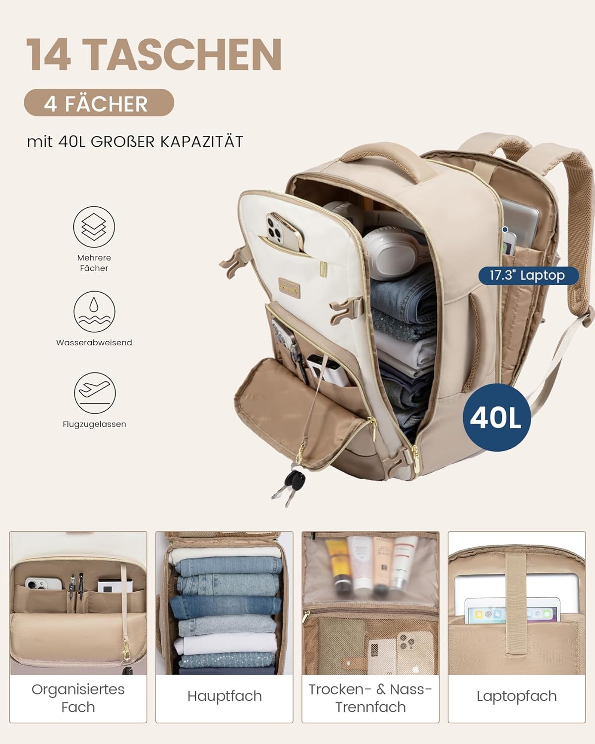 Detalle de LOVEVOOK Handgepäck Rucksack 40 L