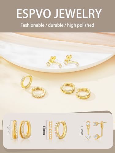 Detalle de ESPVO Gold Hoop Stud Earrings Set for Women (14k Gold Plated, Hypoallergenic) – 3 Pairs