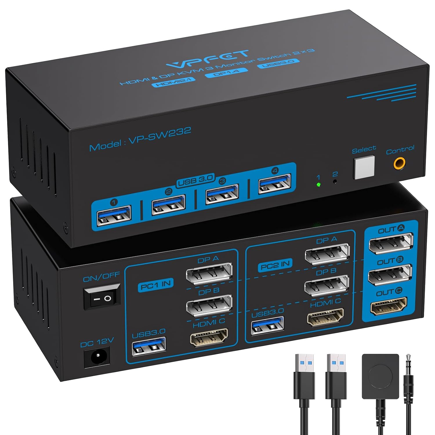 Detalle de VPFET SW232-Deep Blue Triple-Monitor KVM Switch, 8K@60Hz, 4K@120Hz, USB 3.0
