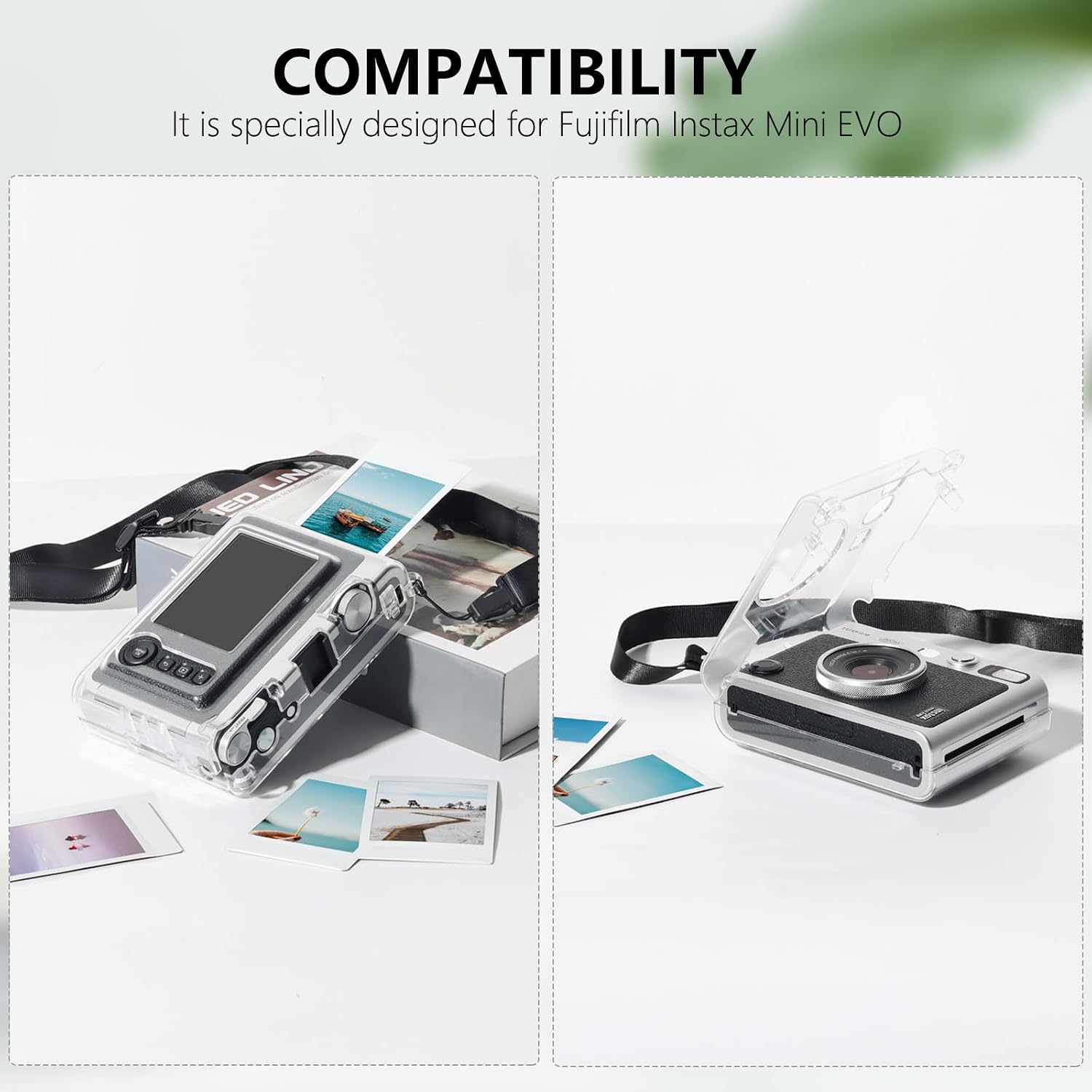 Thumbnail 1 de Clear Protective Case for Fujifilm Instax Mini EVO with Shoulder Strap, 5 Magnetic Photo Frames & 30 Film Border Stickers