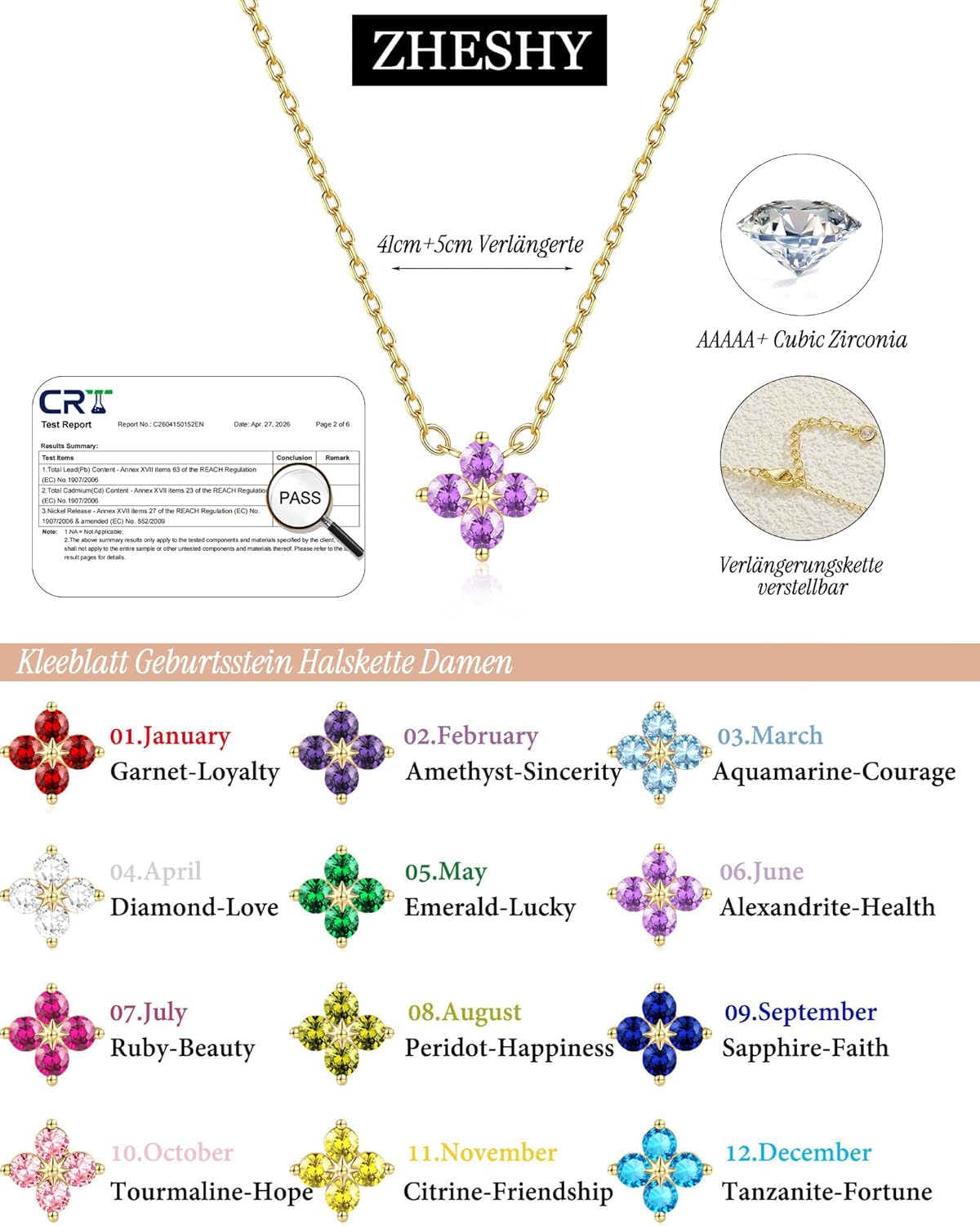 Thumbnail 2 de ZHESHY Collier Femme Or Plaqué 14K avec Trefle à 4 Feuilles et Zircone Cubique