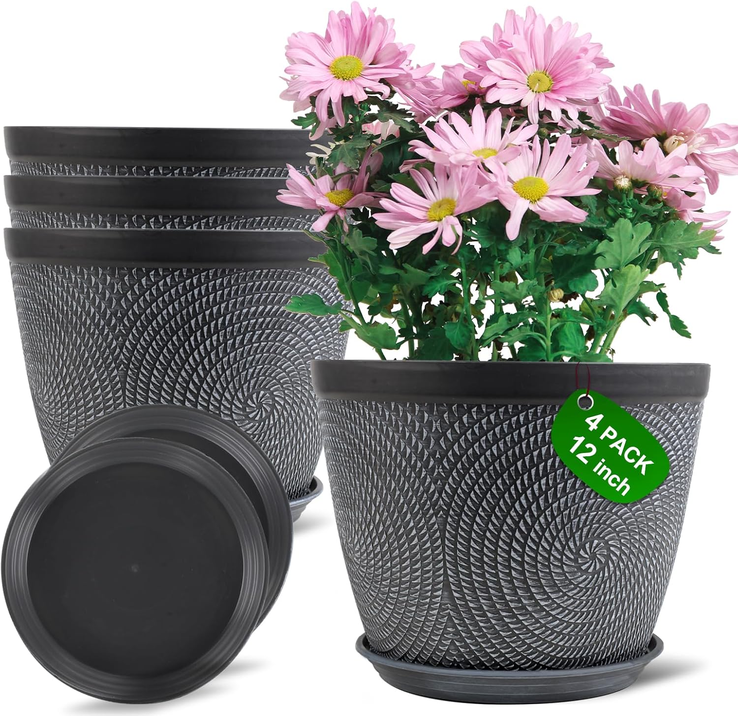 Detalle de Quarut 12-Inch Plant Pots, 4-Pack with Drainage Holes and Saucers, Gray