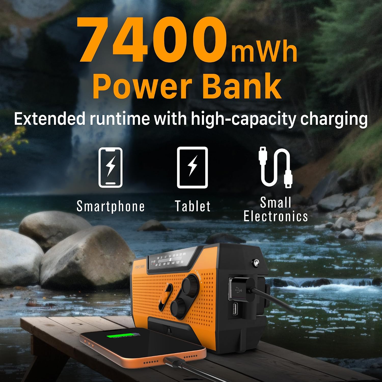 Detalle de FosPower NOAA Emergency Weather Radio A1: 7400mWh Portable Power Bank with AM/FM, Solar, Hand Crank, SOS Alarm and Flashlight (Orange)