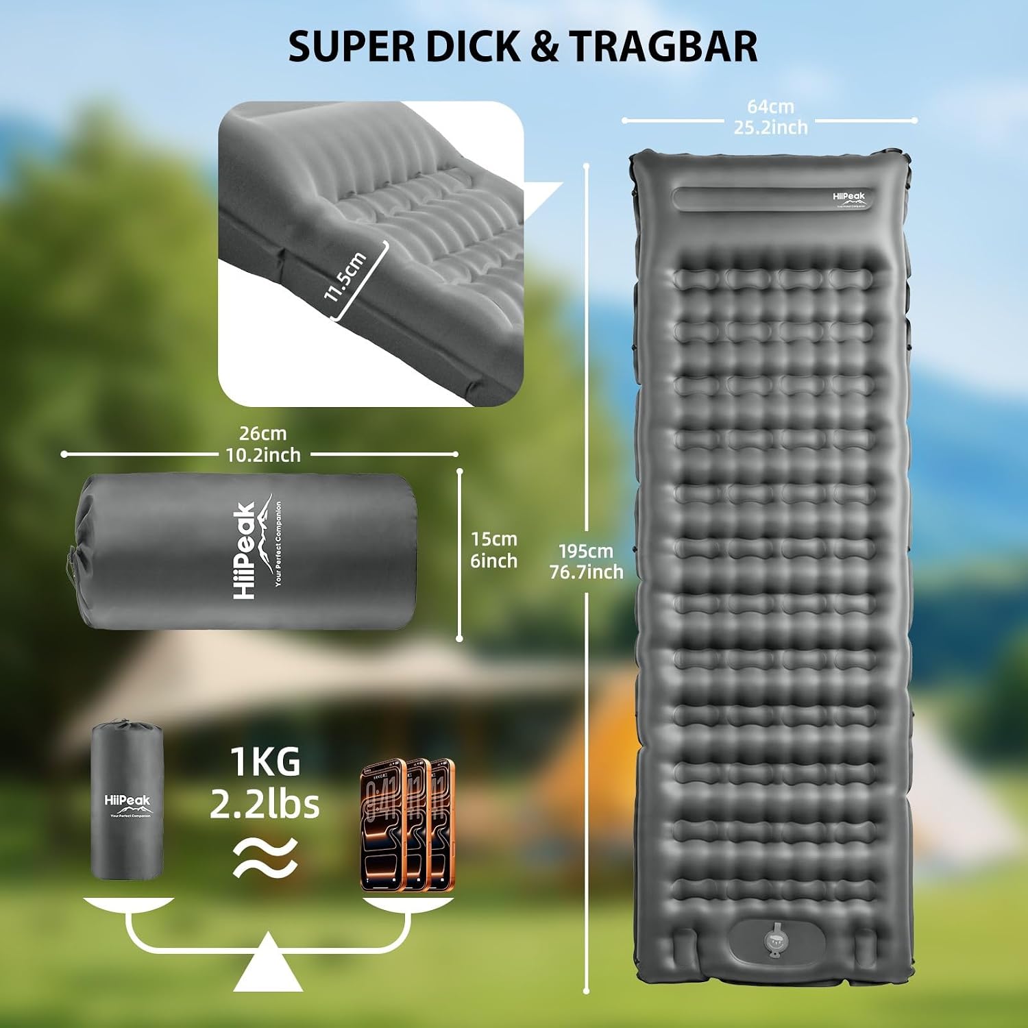 Detalle de HiiPeak Ultraleichte Isomatte aufblasend – Schlafkomfort für Camping (12 cm Dicke, integrierte Fußpumpe)