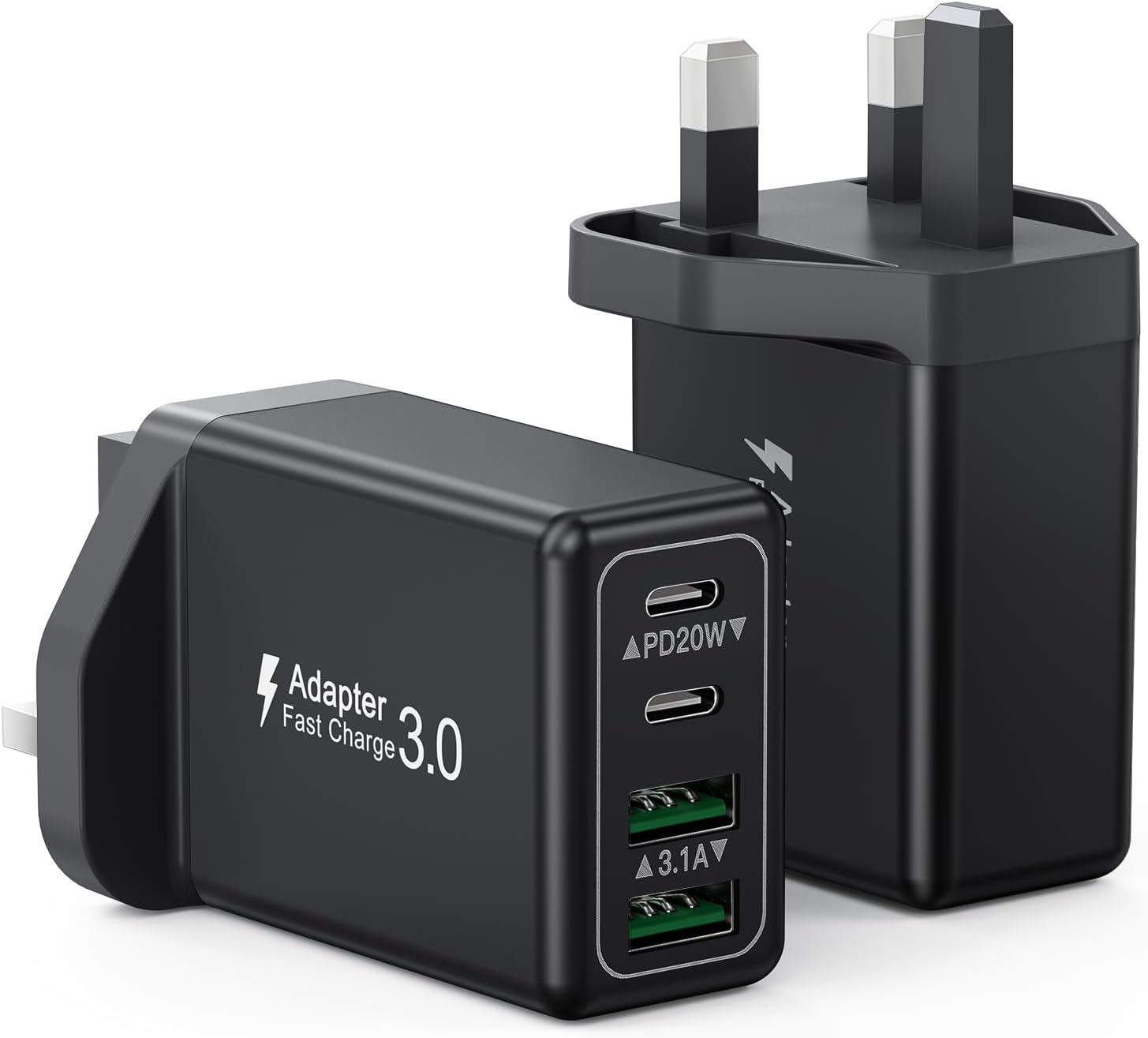 Detalle de 2-Pack USB C Plug 40W 4-Port Charger UK – Dual USB-C & Dual USB-A Fast Charge