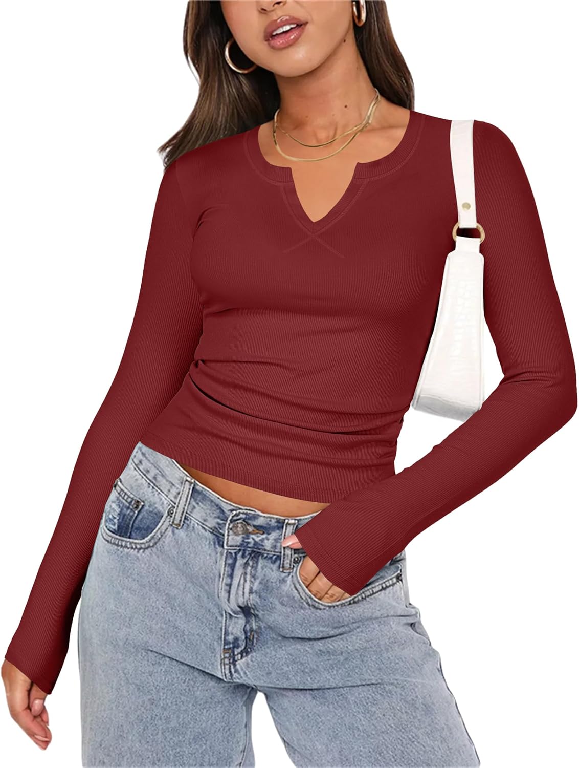 Thumbnail 1 de Zeagoo Chemises à manches longues pour femmes - col en V, tricot côtelé, coupe ajustée